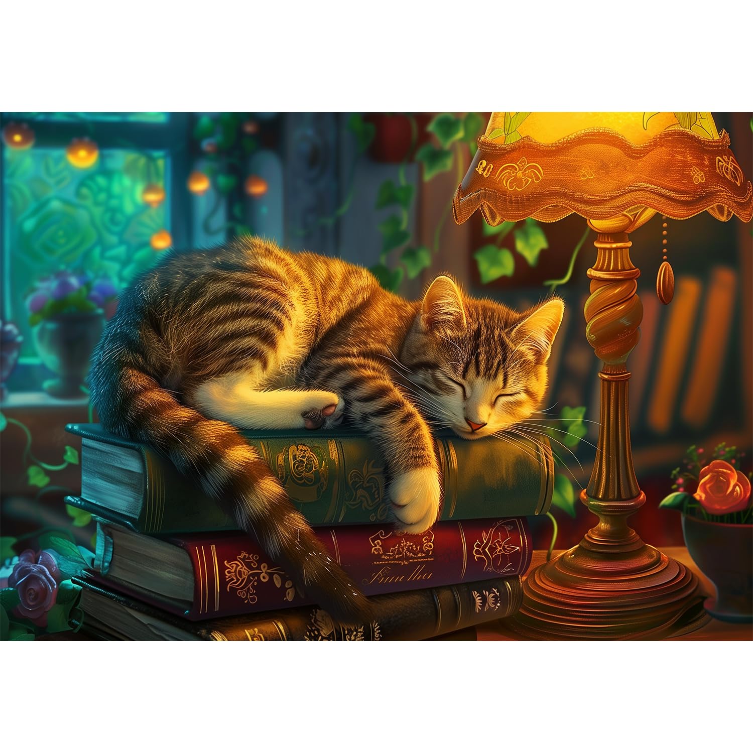 MISITU Jigsaw Puzzle 100 Pieces Large Piece Puzzle Landscape Painting Cat Animal Pet Cute Book Study Present Present Birthday Anniversary Celebration Christmas Stylish Interior Book with Cat (11.3 x :