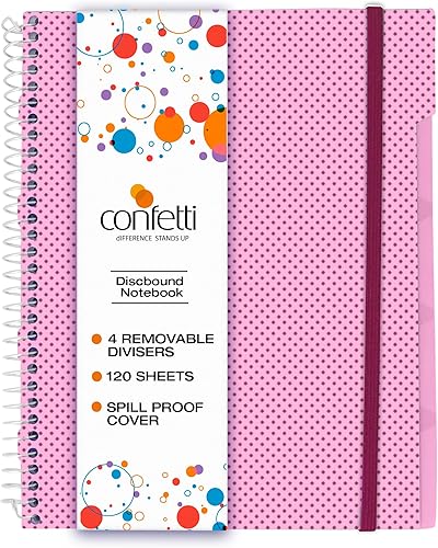 Confetti Cuaderno de espiral perforado con agujeros, 4 divisores extraíbles, cubierta a prueba de derrames, banda elástica de cierre, bolsillo de
