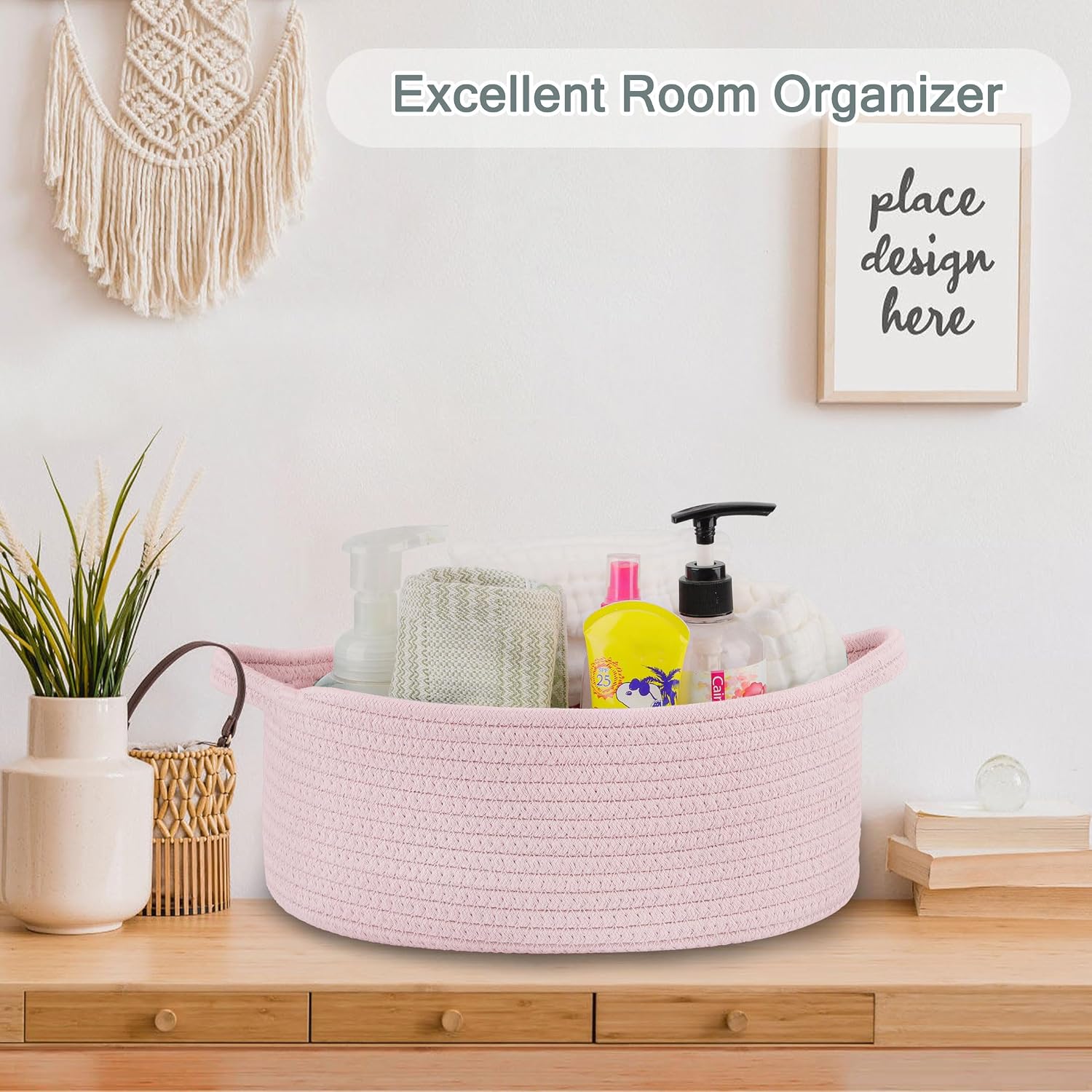 COMSE Small Woven Basket with Gift Bags and Ribbons, Gift Basket Empty, Cotton Rope Storage Organizer, Baby Toy Box with Handles, 12" x 8" x 5", Light pink