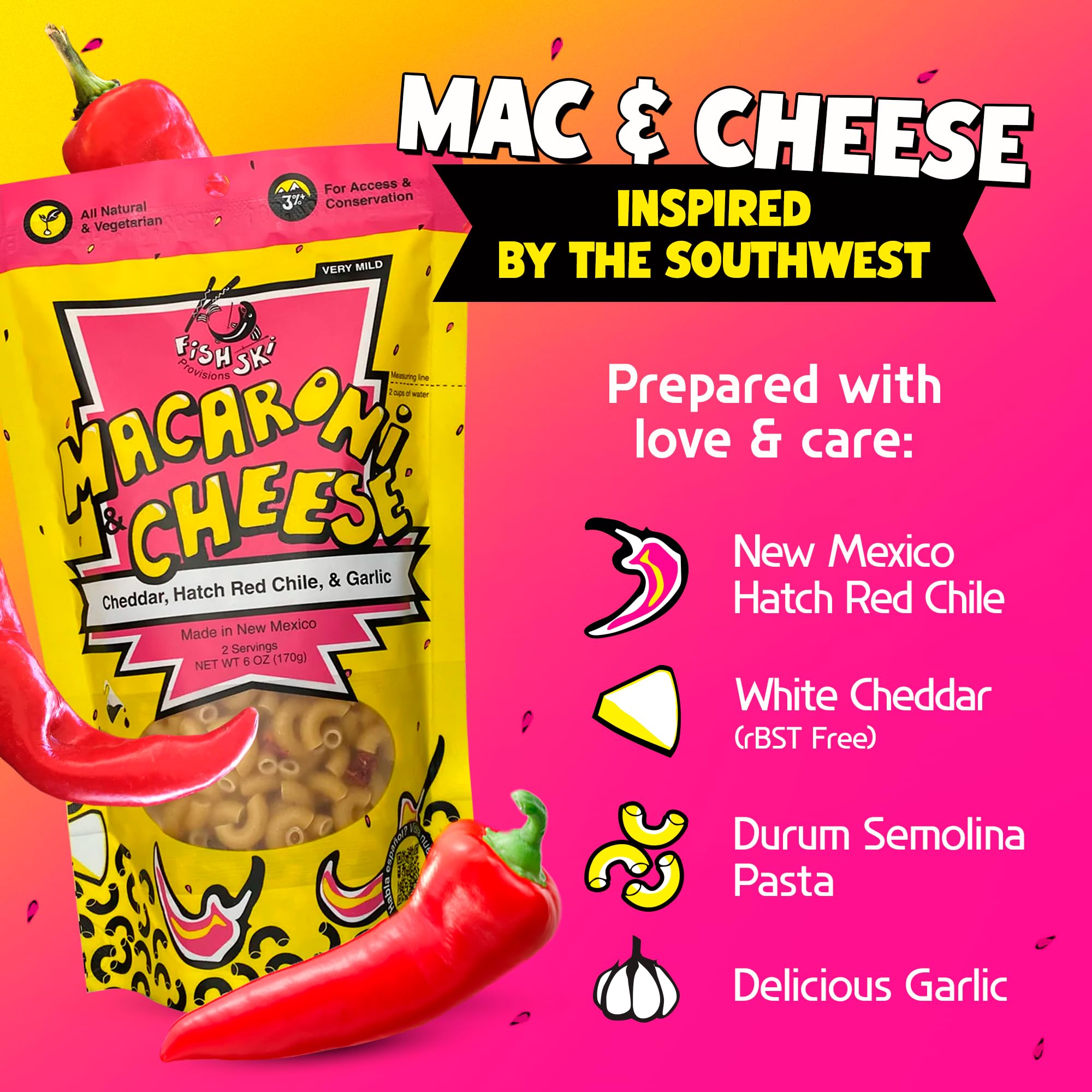 Fishski Easy Prepare New Mexico Hatch Red Chile Macaroni and Cheese with Cheddar (2 x 6oz Packs) 170g Each