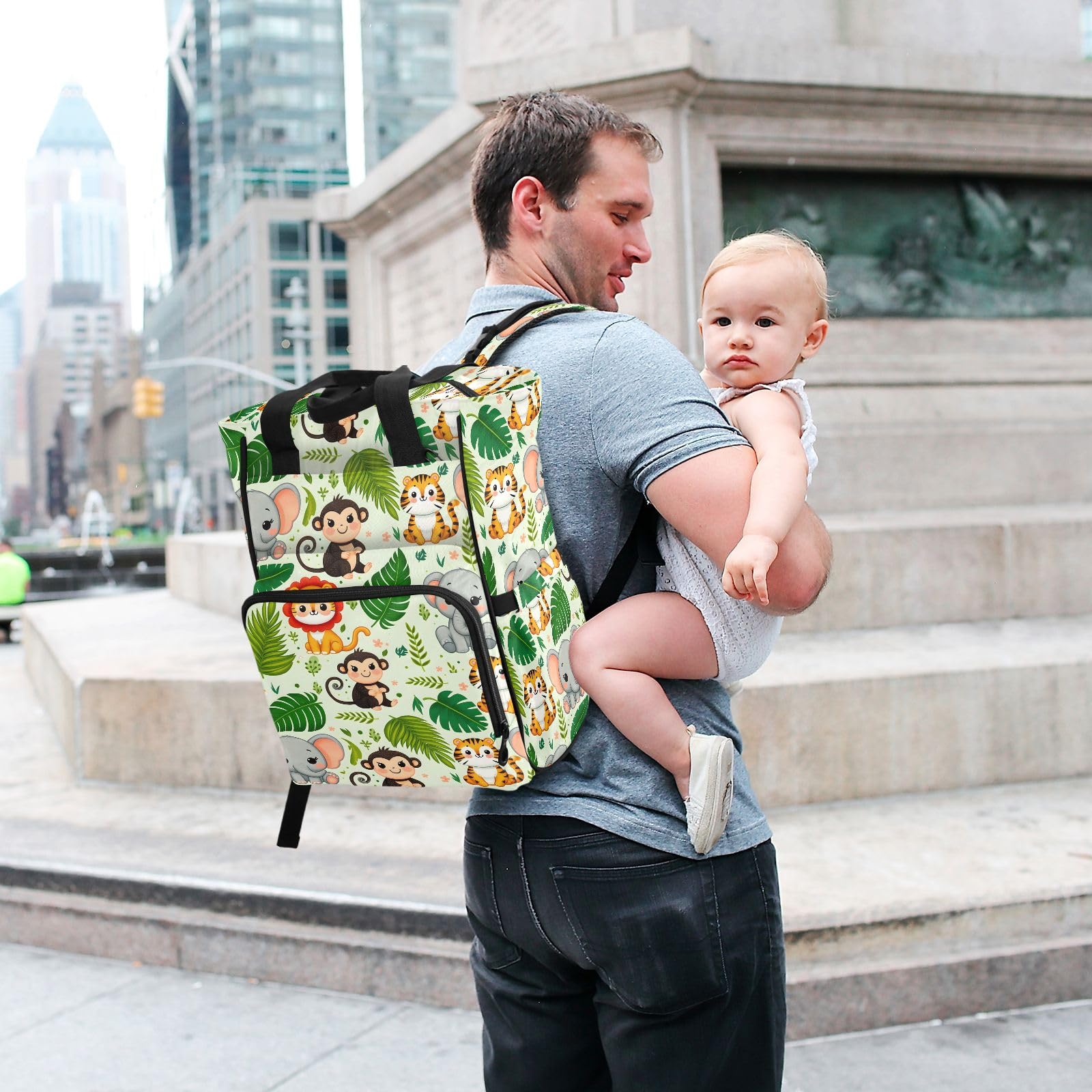 Mnsruu Simpatici animali della giungla con motivo a foglie di palma senza cuciture sfondo borsa per pannolini per bambini zaino grande borsa impermeabile da viaggio borse per pannolini per mamme e