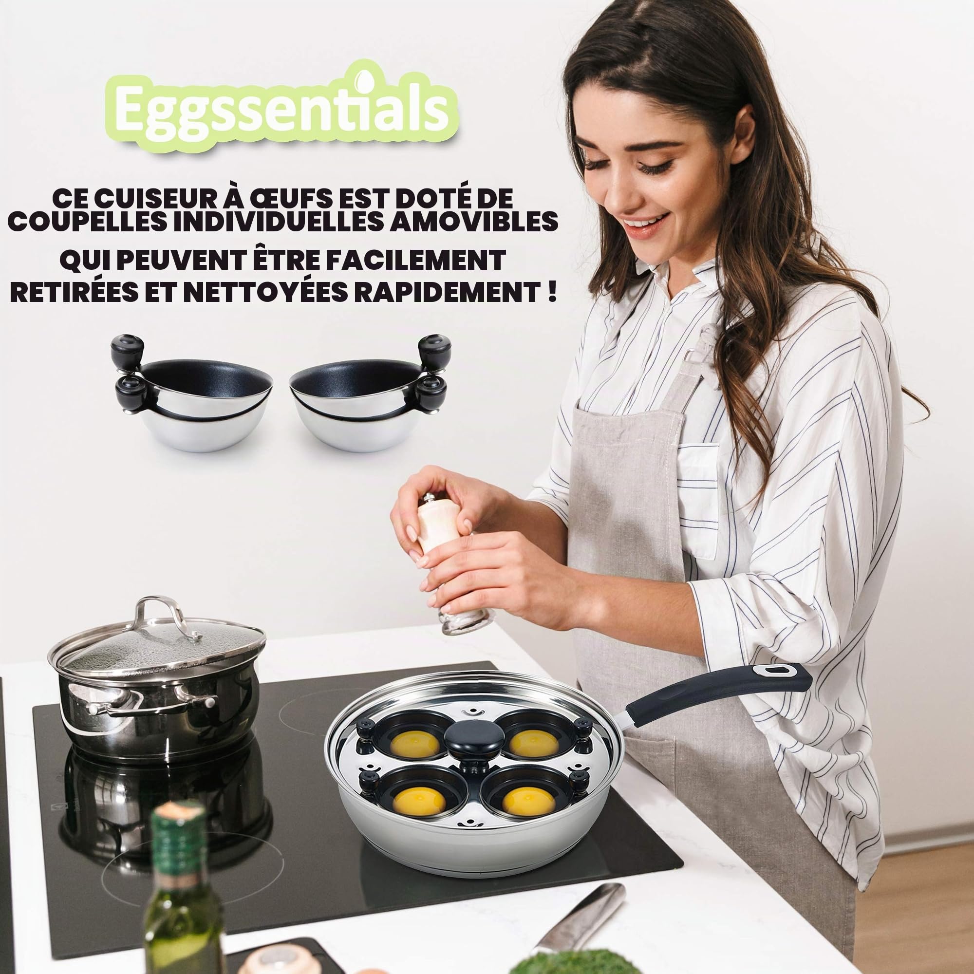 Eggssentials oeufs pochés - 4 tasses antiadhésives pour pocher les œufs - poêle à œufs en acier inoxydable certifiée FDA et qualité alimentaire PFOA avec spatule gratuite