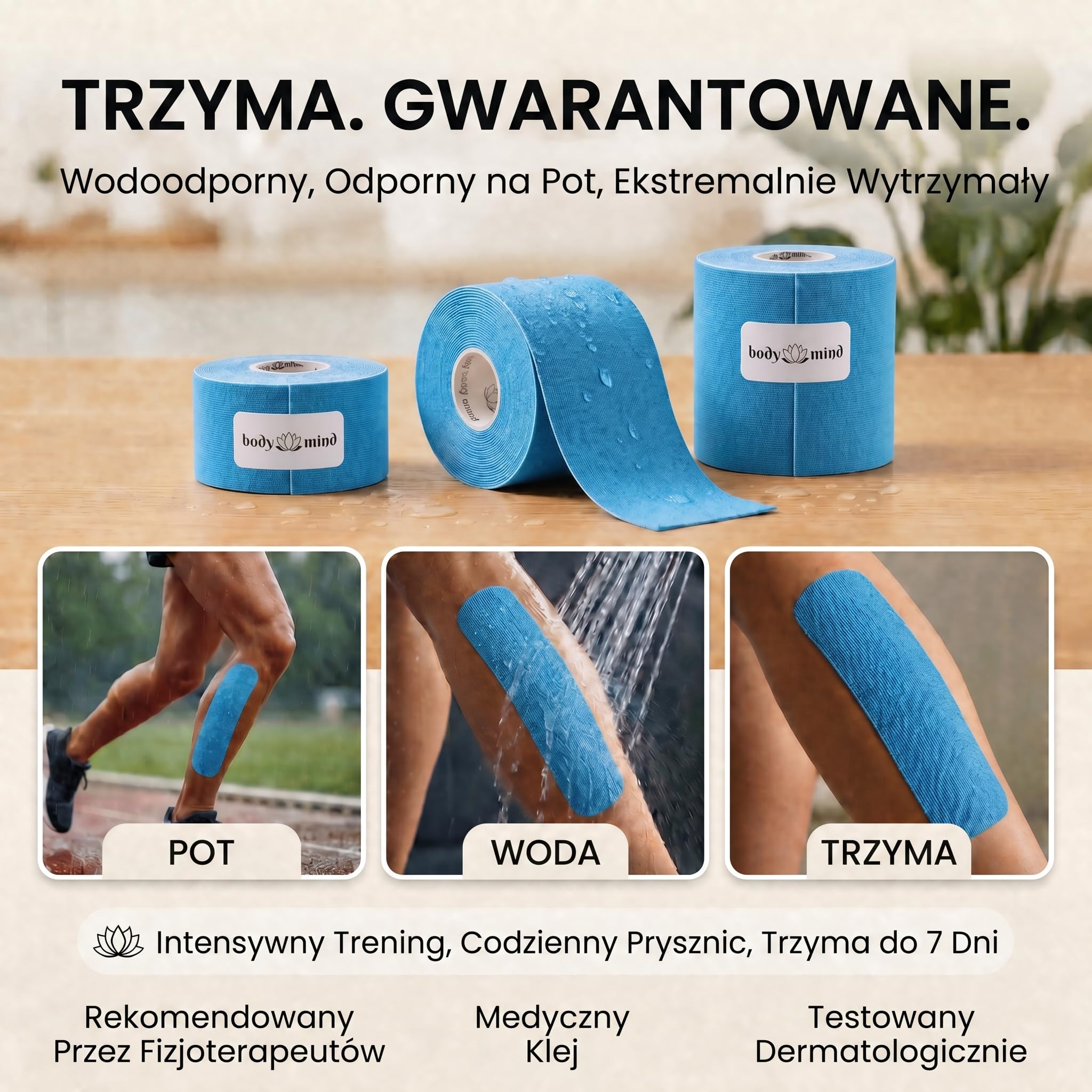 Body & Mind® Taśma Kinezjologiczna 5 m – 2,5/5/10 cm, Hipoalergiczna | Wodoodporna taśma kinesio do kolana, barku i pleców – 6 kolorów, rozciągliwość do 140%