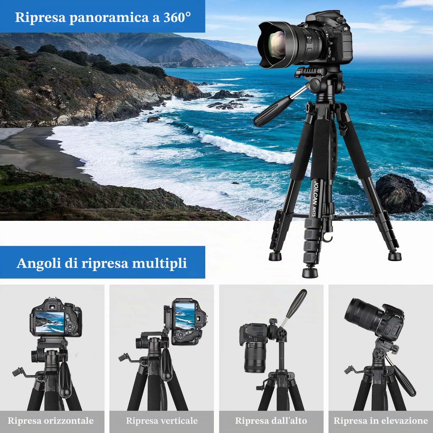 JOILCAN Treppiede per fotocamera Canon Nikon, treppiede leggero da 188 cm con testa rimovibile e supporto universale per telefono, treppiede alto in alluminio rinforzato per Vlog Live Streaming Charge