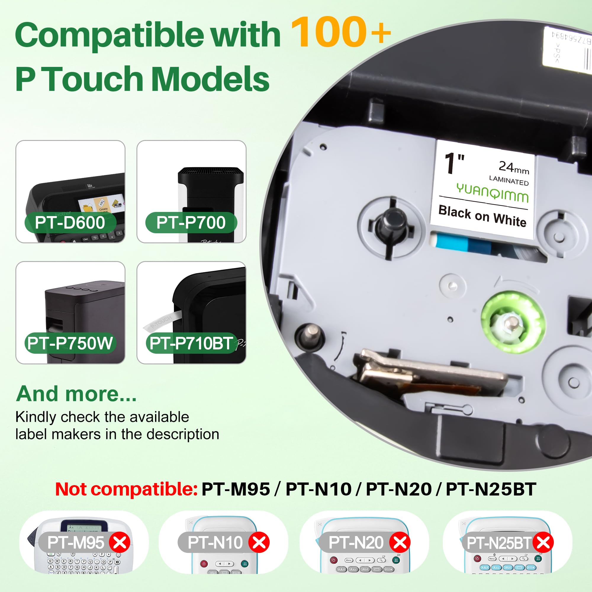 Nastro per etichette TZe-251 da 24 mm compatibile con Brother PTouch TZe251 24 mm 0,94 laminato bianco TZe Tape TZ-251 per etichettatrice PTD600 PT-P710BT PT-D610BT PT-D600VP, 2,5 cm