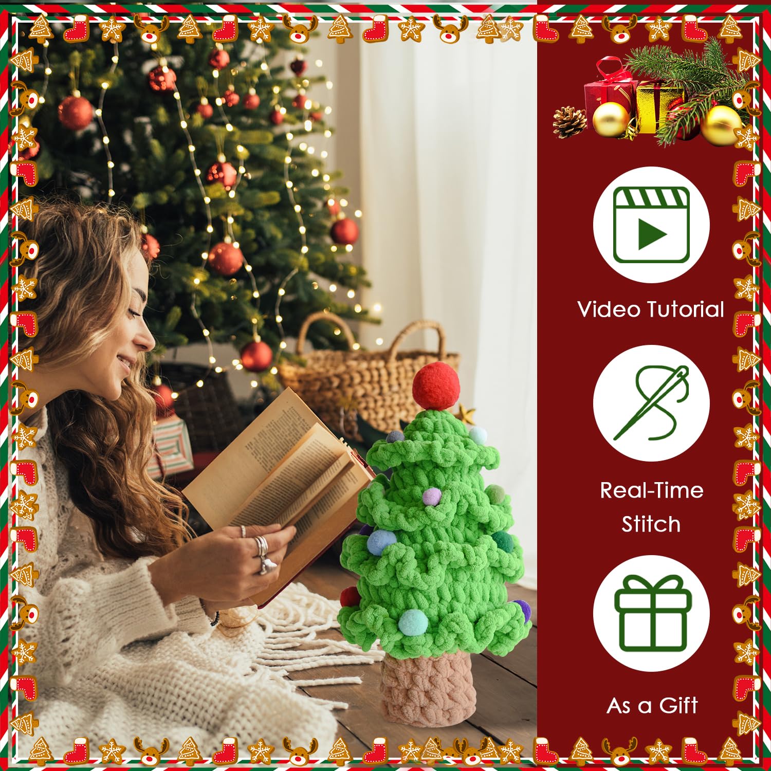 KUDOS Kit de ganchillo con todos los materiales, juego de ganchillo de árbol de Navidad para principiantes, kit de manualidades navideñas con hilo, gancho, cuentas e instrucciones (idioma español no