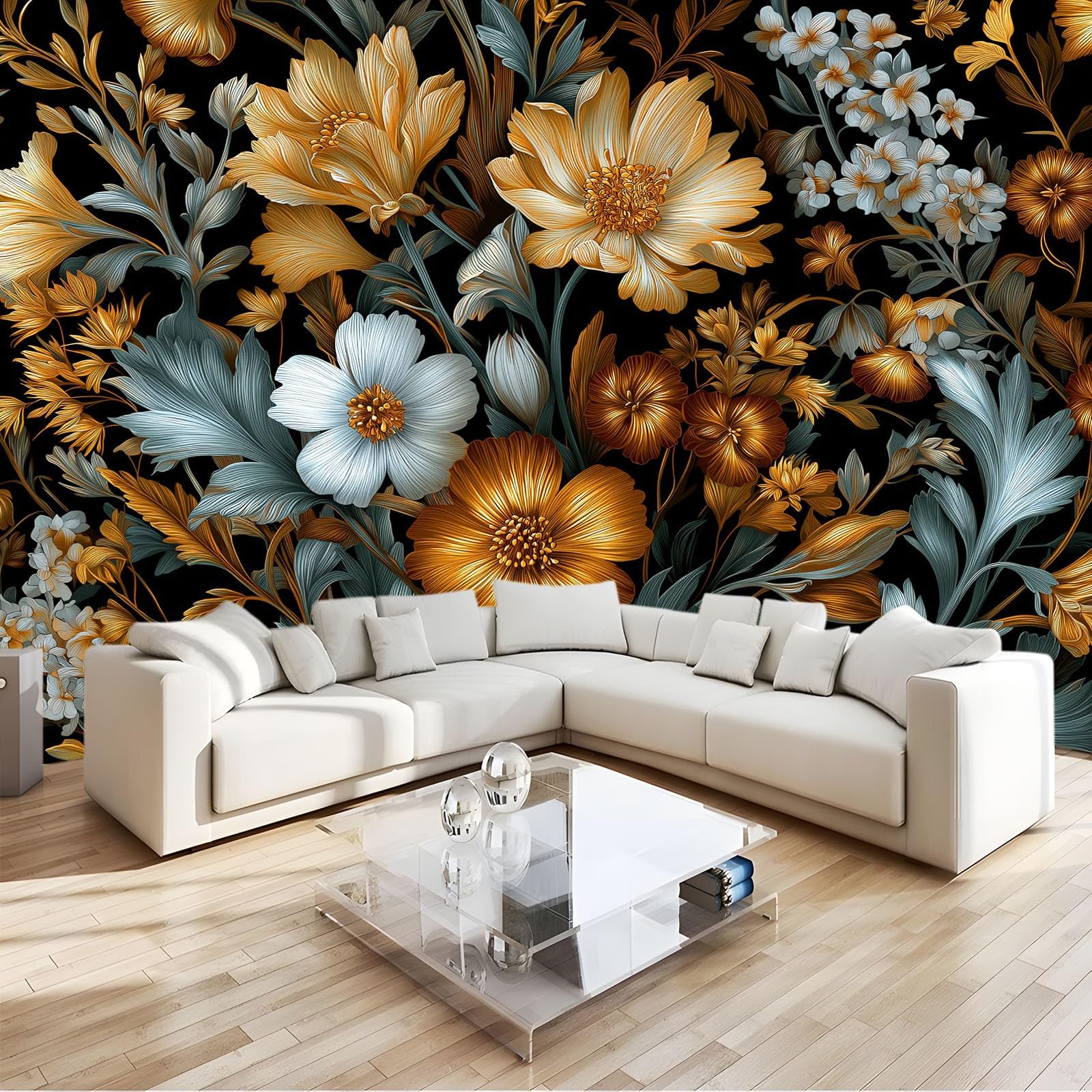 Générique Tapeta panoramiczna 3D w stylu vintage kwiaty rośliny liście ciemnozielona 350 x 256 cm, tapeta z włókniny - fresk ścienny do salonu, sypialni i biura, dekoracja ścienna druk HD