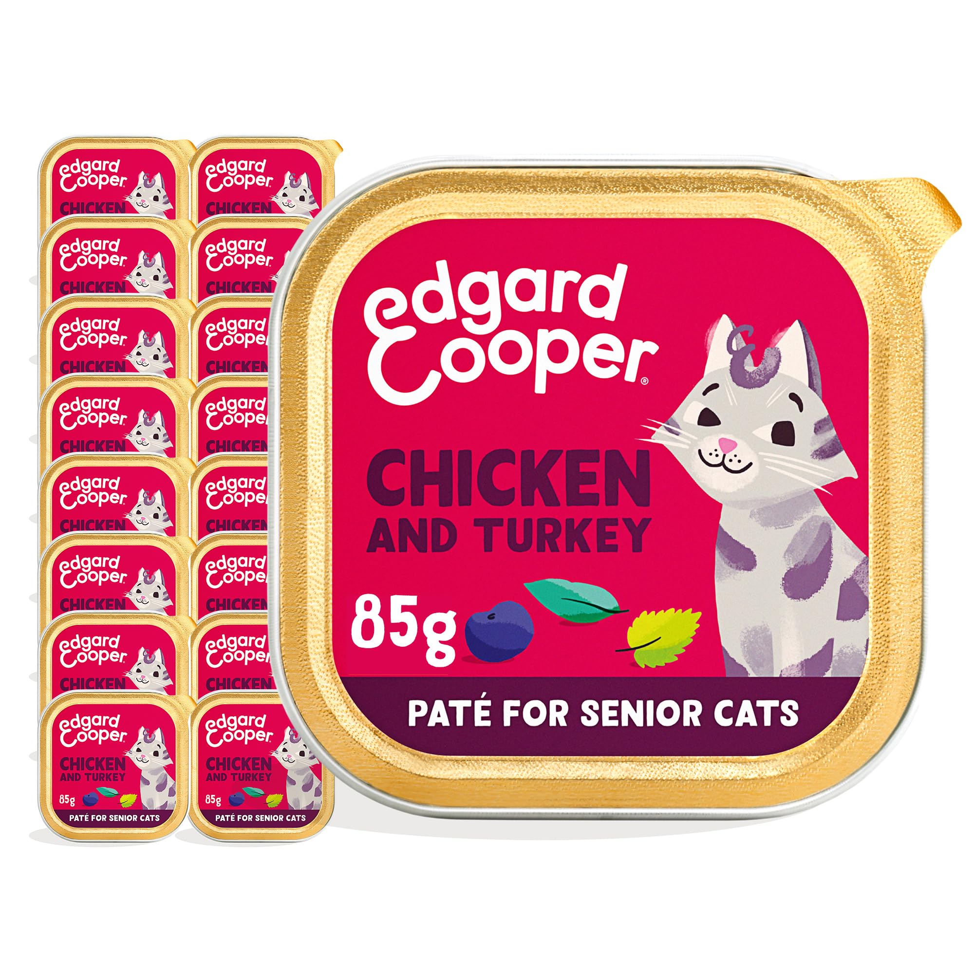 Edgard & Cooper Comida humeda Gatos, Senior, (Pollo & Pavo, 85g x 16), Pate Gatos, Pienso Gatos Esterilizados y Activos, Sin Cereales, Ingredientes Naturales, Carne Fresca, Hipoalergénico,
