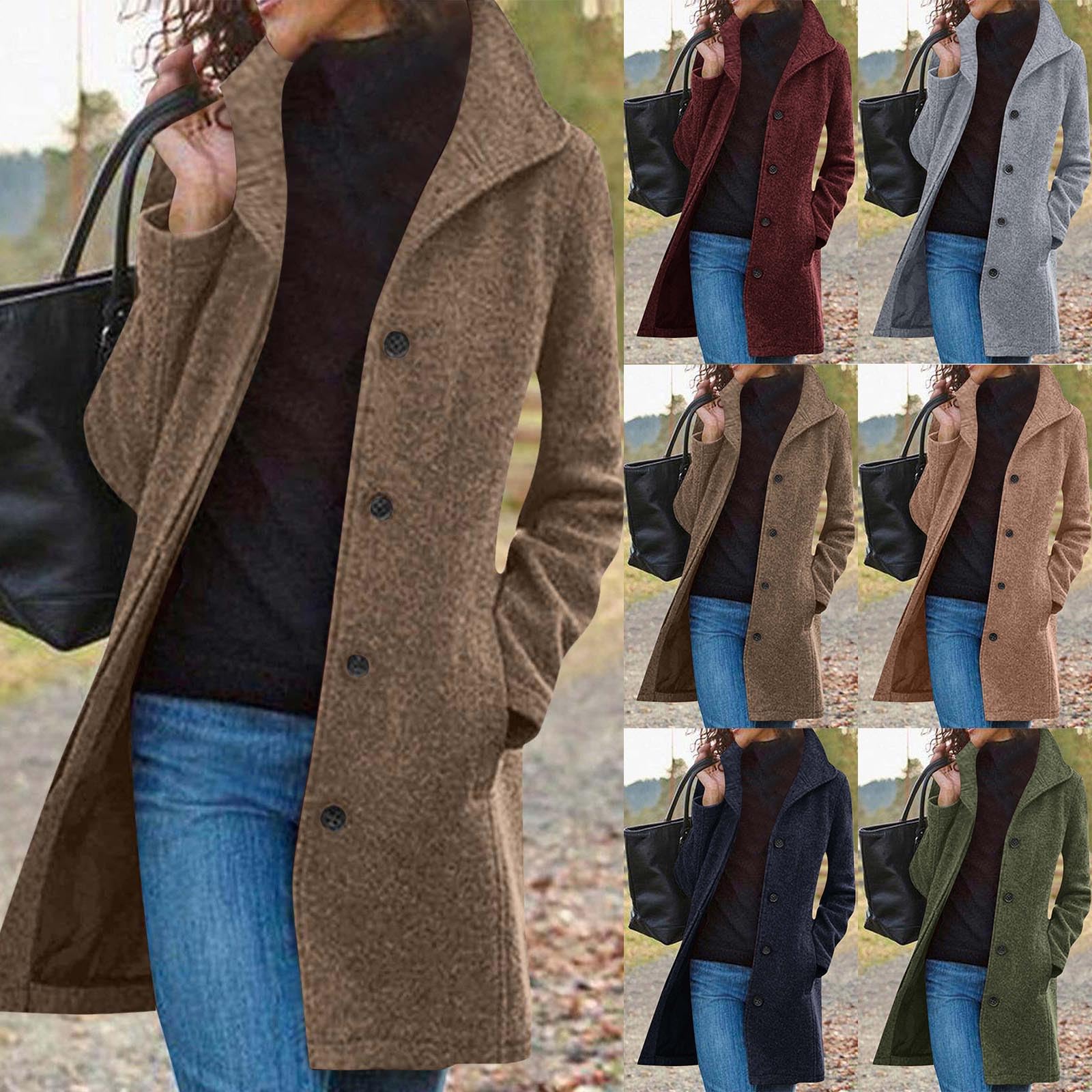 Abrigo de lana para mujer, chaqueta larga de invierno, elegante, monocolor, gabardina, manga larga, cuello de solapa, chaqueta gruesa y cálida, cortavientos, con cinturón ajustable, holgado, abrigo de