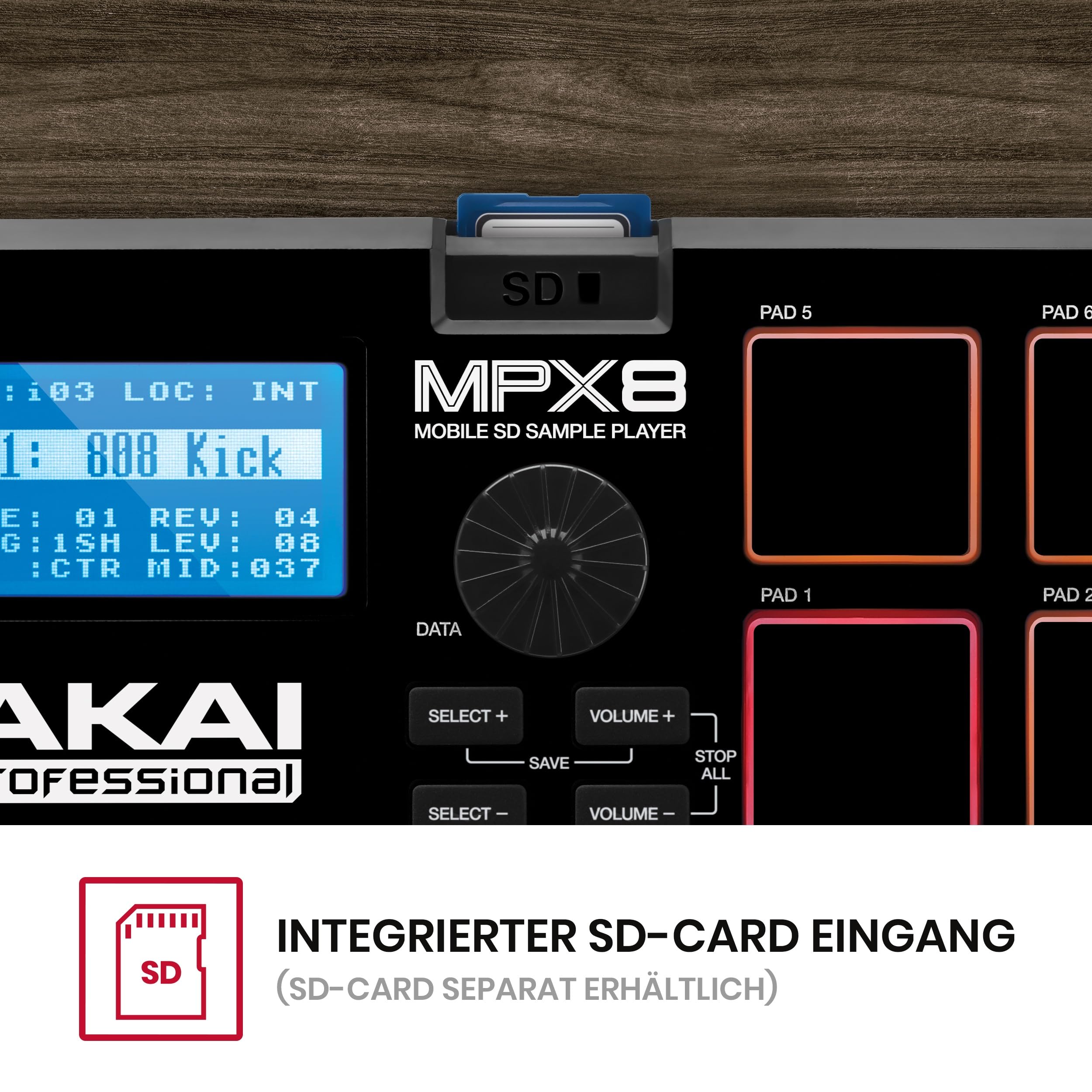 AKAI Pro Professional MPX8 - Portabler Sample Pad Controller mit 8 Performance Ready Pads & On Board SD Kartenslot