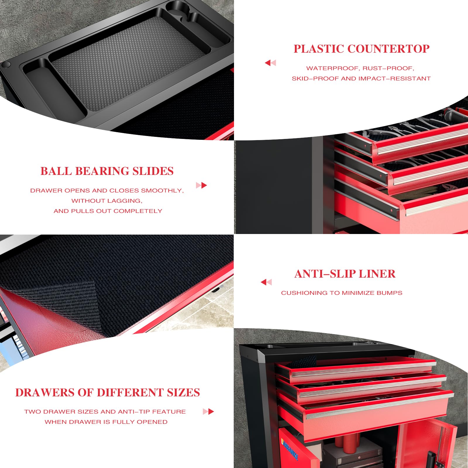 LARBANKE Baúl de herramientas rodante con 3 cajones y 2 puertas, caja de herramientas con ruedas giratorias de 360° y cerradura y llaves, armario de herramientas con forros de cajones y varillas de