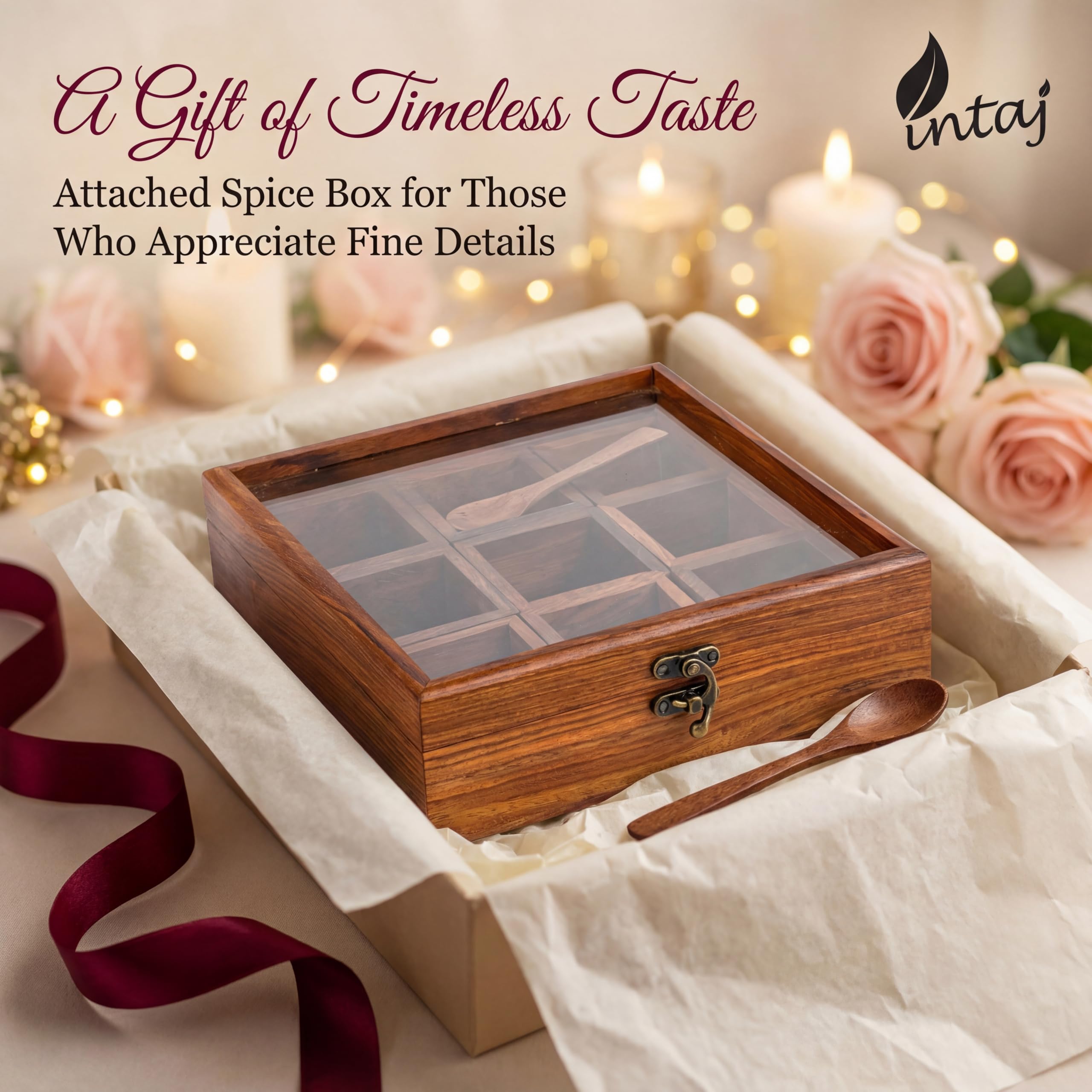 Scatola portaspezie in legno quadrata Masala Dabba 9 scomparti per condimenti erbe aromatiche armadio dispensa cassetto scaffale portaoggetti ripiano ripiano regalo per cucina casa cuochi set
