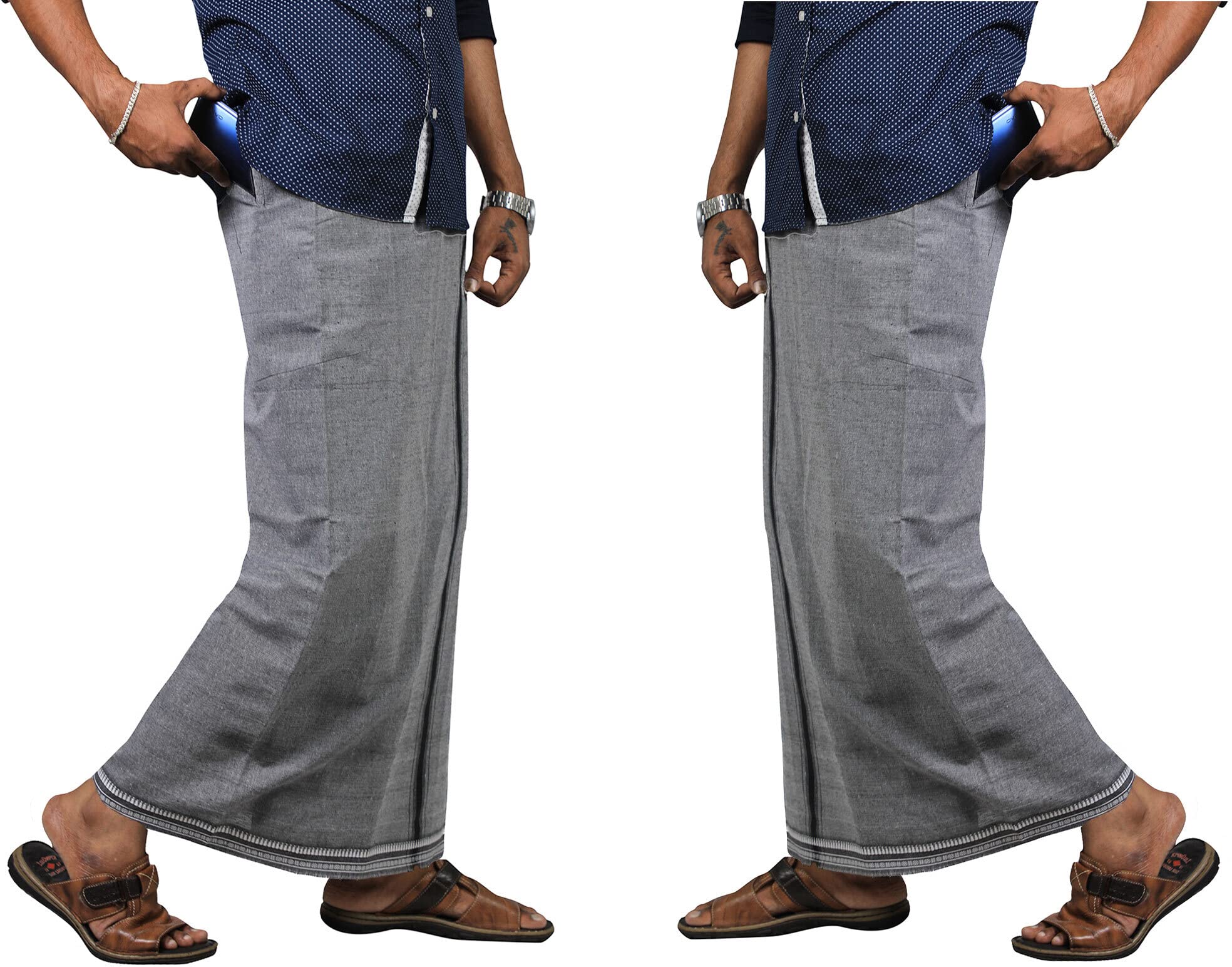 Prakasam Cotton Mens Kerala Thalapathi Border 2Way Pocket (Right &Left Side) Flexi Size (Adjustable) Welcro Single Colour Dhoti (Small, Ash)