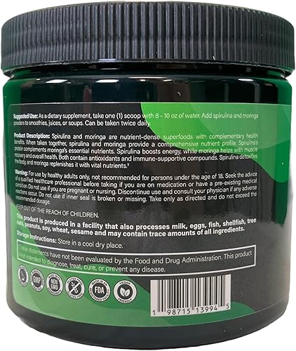 Miniatura 7 de Suplemento en polvo de espirulina y moringa, 5.94 onzas, 30 porciones