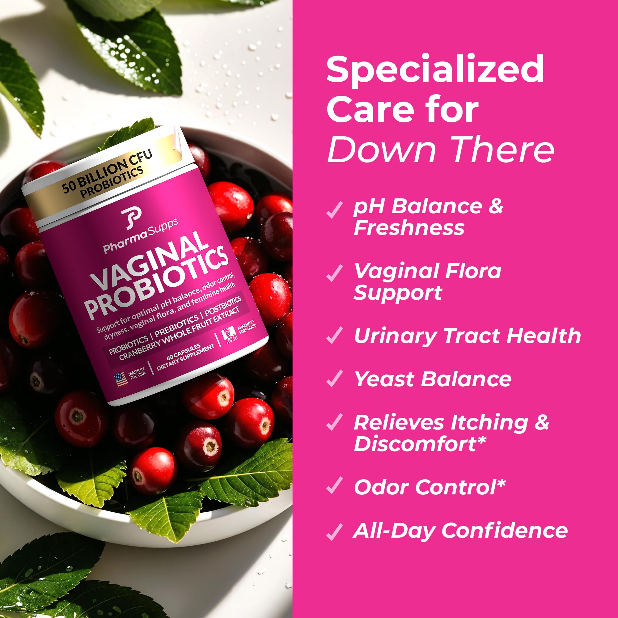 Women’s Probiotic for Vaginal Health | 50 Billion CFU with Probiotics, Prebiotic, Postbiotics & Cranberry for pH Balance, UTI Support, Yeast, Gut Health, Odor, Dryness & Feminine Comfort