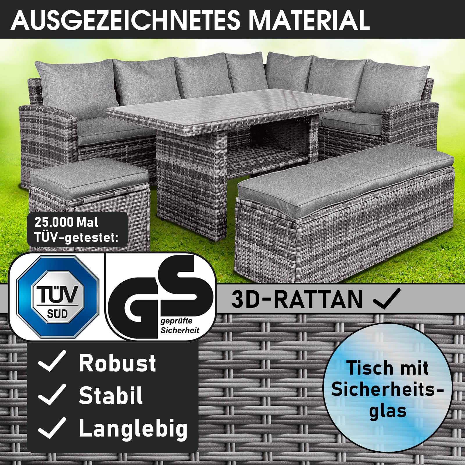 BRAST Gartenmöbel Set Eco | bis zu 9 Personen viele Farben | inkl. extra Dicke Kissen | TÜV geprüft | Outdoor Loungemöbel Sitzgruppe Essgruppe Garnitur | Grau/Anthrazit