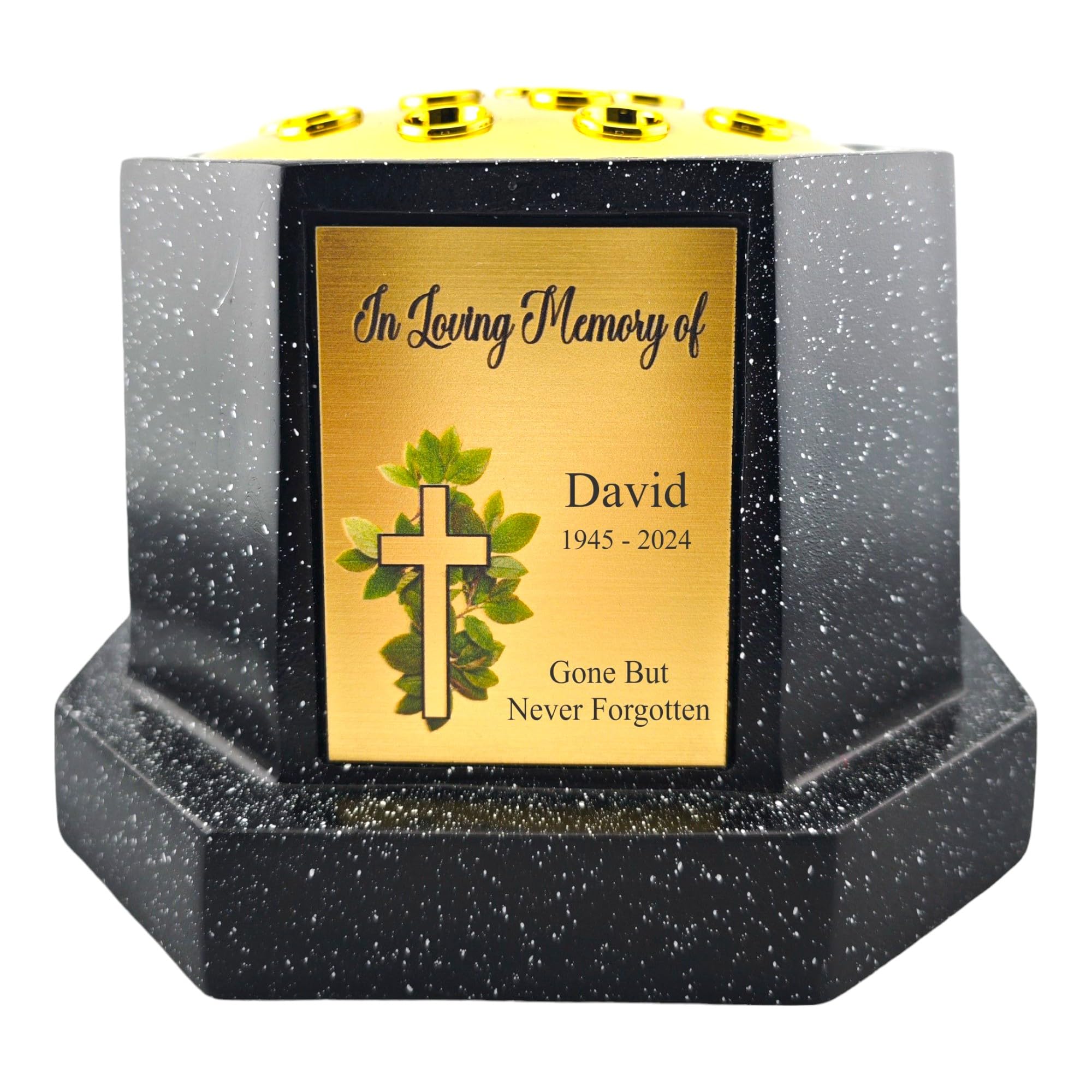 1stclassgifts Personalised Printed White or Black Memorial Rose Bowl Grave Marker Flower Pot Vase Cross Design With Printed Plate (UV PRINTED) (Black, Gold Lid/Gold Plate)