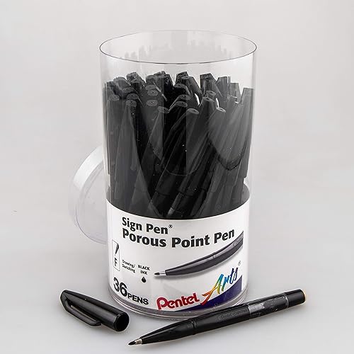 Pentel Arts Sign - Bolígrafo con punta de fibra, tinta negra, paquete de 36 unidades (S520PC36A)