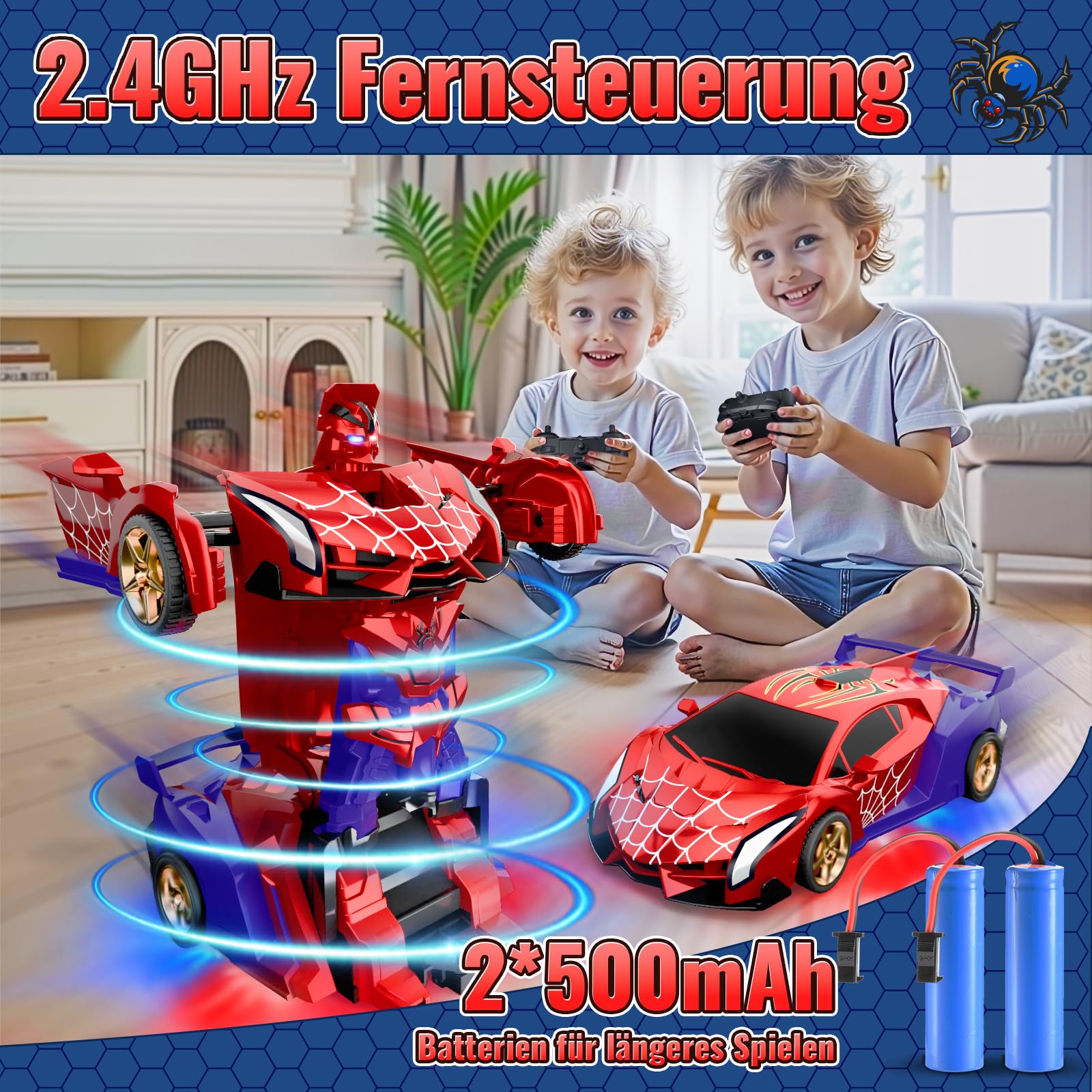 Ferngesteuertes Auto Transform mit LED-Augen & Unterbodenlicht, 2,4GHz Rc Auto & 360° Drehung Roboter, Spielzeug ab 3 4 5 6 7 8 9 Jahre Junge Geschenk Junge 3-12 Jahre Kleine Ostergeschenke Kinder