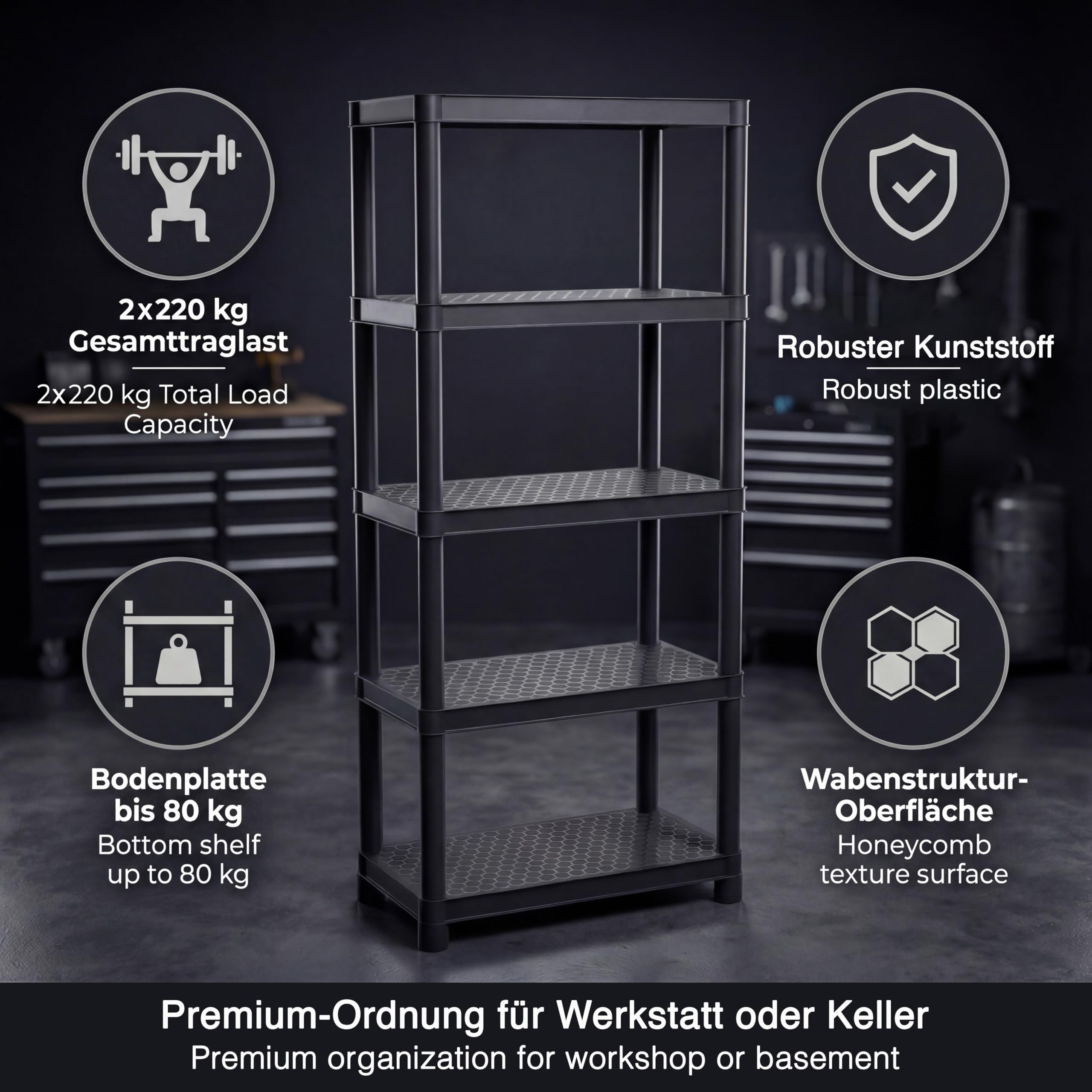 Scaffalatura in plastica di 172,5 x 148 x 36 cm, con 10 ripiani, stabile per cantina, capacità di carico massima di 440 kg, resistente alle intemperie, per garage, cantina e giardino, colore