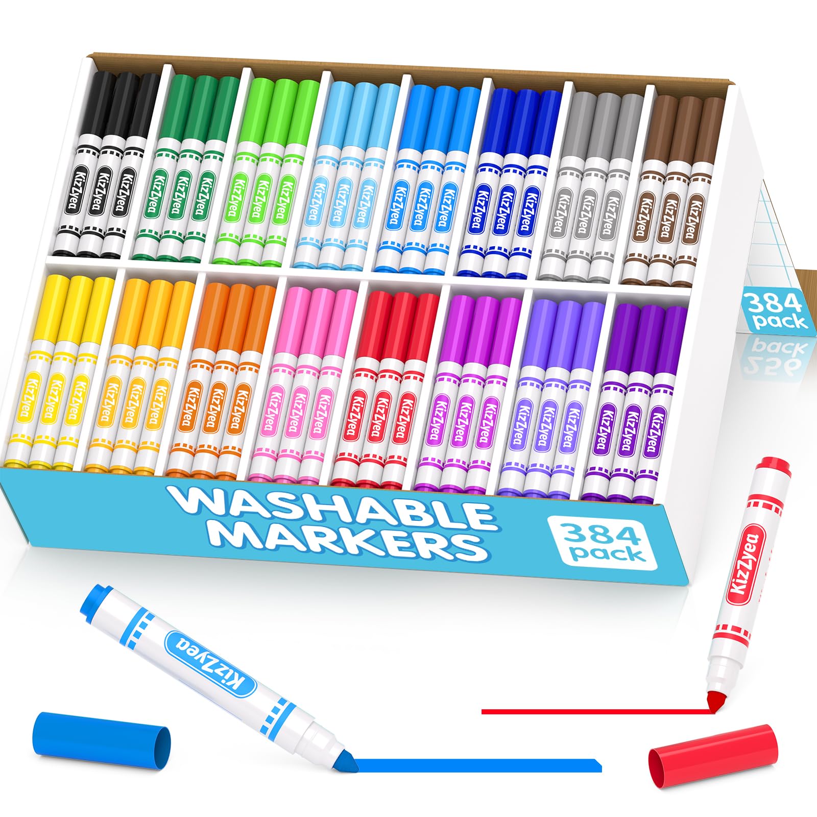 KIZZYEA Pennarelli lavabili per bambini, 384 pezzi, 16 colori assortiti, pennarelli da colorare a linea larga per scuola, forniture scolastiche per insegnanti, attività di gruppo artistico per