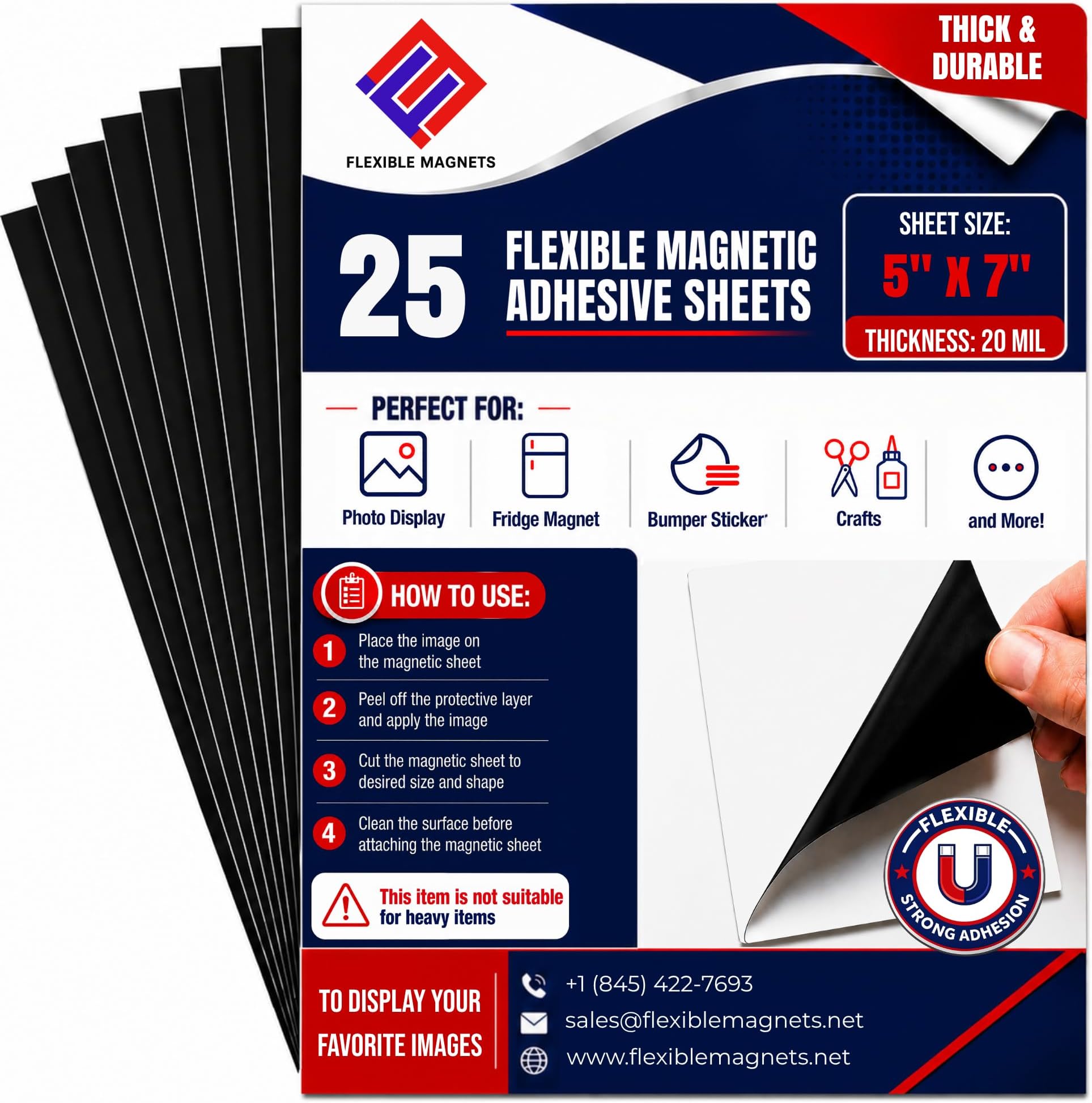 Flexible Magnets โ Magnetic Sheets with Adhesive Backing, 5" x 7" (25 Pack) Stick-On Magnetic Sheets for Refrigerator Magnets, Magnetic Labels, Crafts, DIY Projects & More