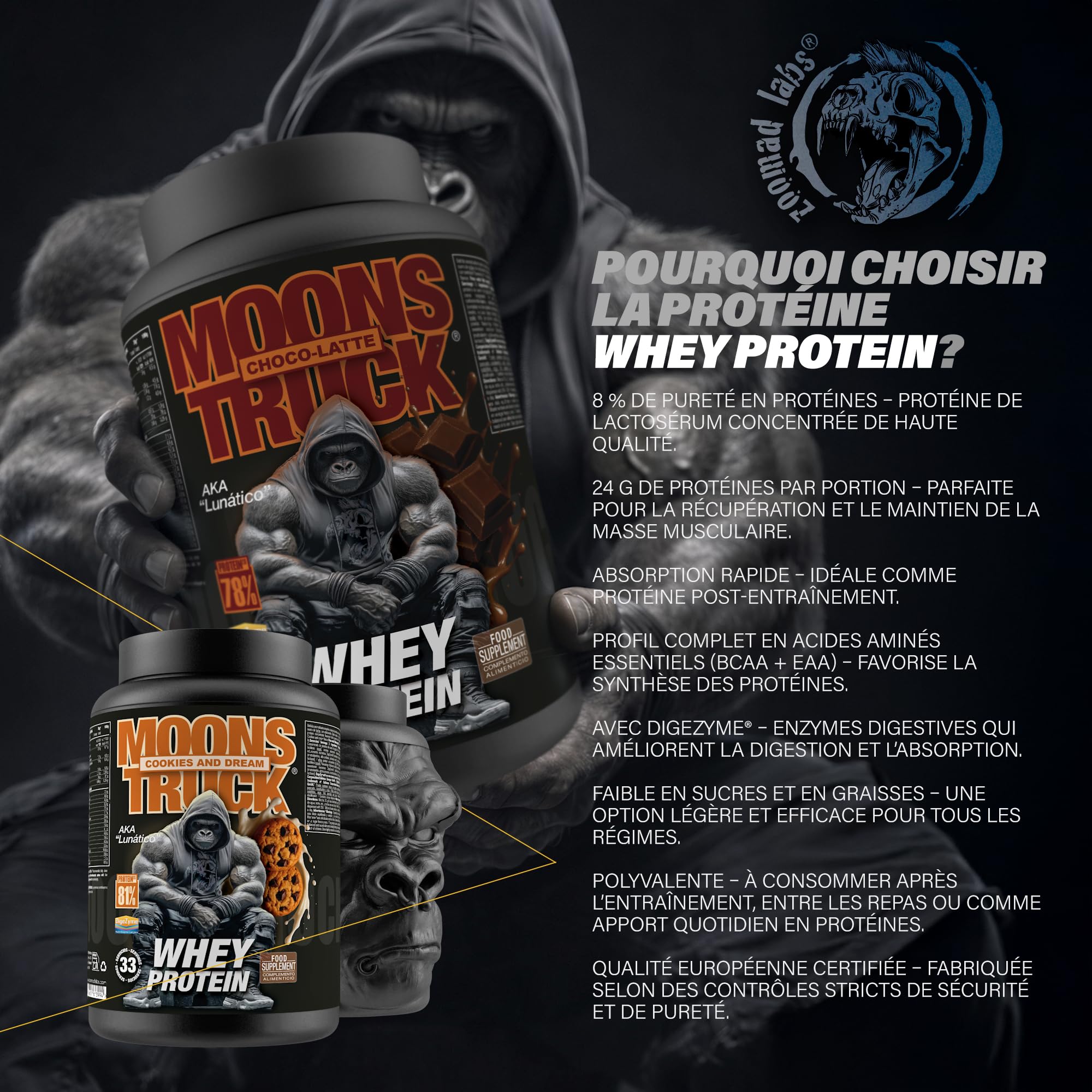 MOONSTRUCK Whey Protéine avec DigeZyme® Cookies & Dream 1kg – Whey Protéine 78% Pureté, 24g de Protéines par Portion, pour la Prise de Masse Musculaire & la Récupération