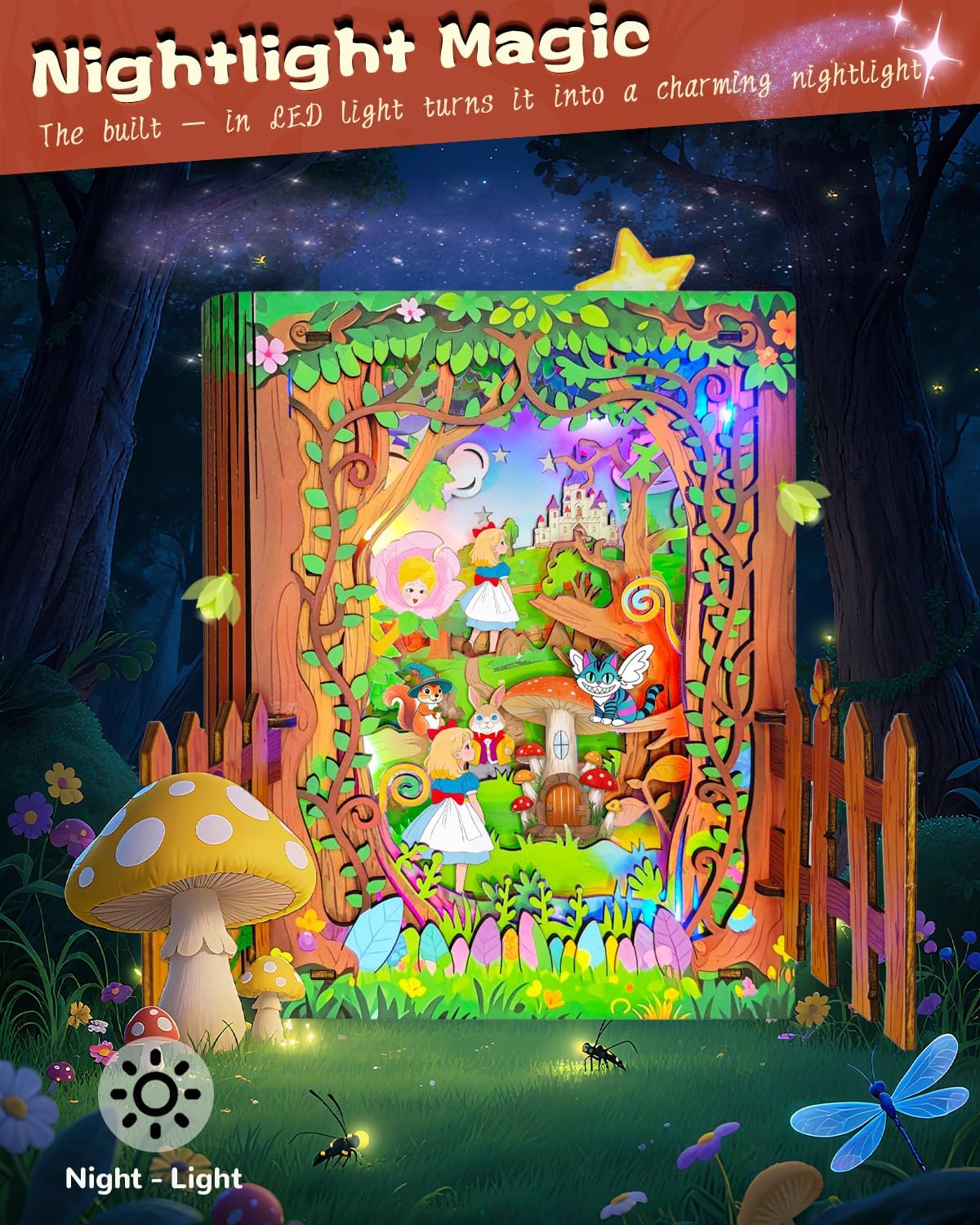 3D Wooden Puzzles for Kids - Alice in Wonderland Book Nook Kit with LED Night Light