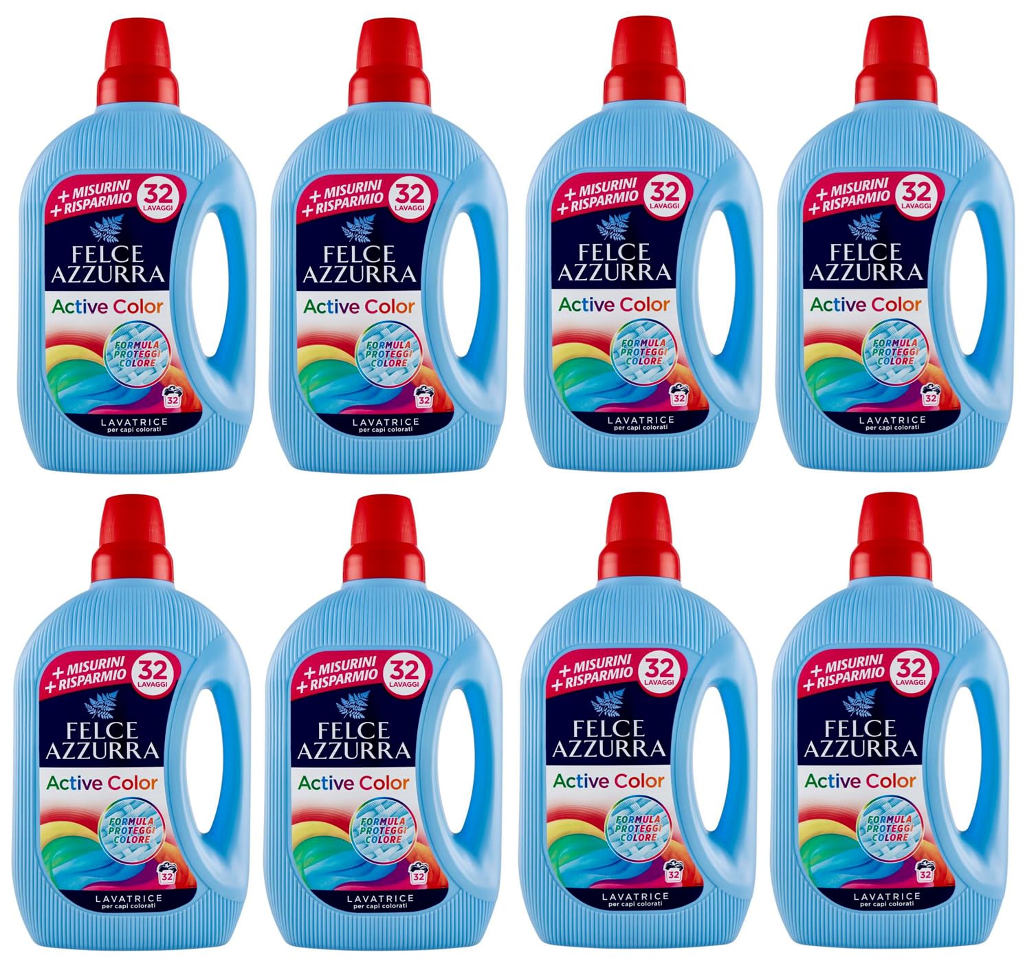 Confezione da 8 Felce Azzurra Lavatrice Active Color, detersivo liquido per lavatrice, efficace a freddo, per bucato colorato, 32 lavaggi 1595ml