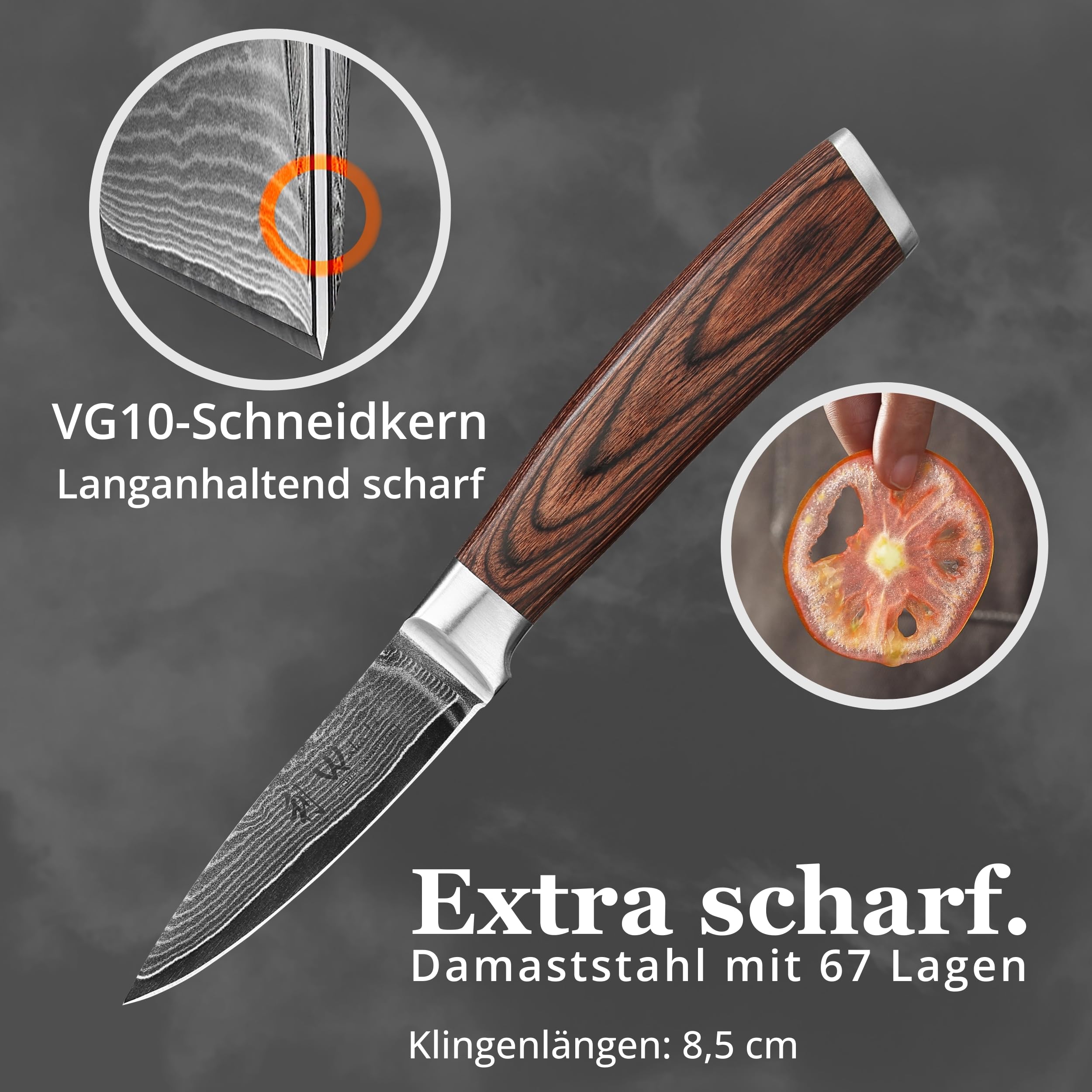 Wakoli EDIB Officemesser aus echtem Damaststahl (VG10 Kern) mit 8,5 cm Klinge – Scharf und handlich – Kleines Küchenmesser, Obstmesser & Gemüsemesser – Damastmesser mit Pakkaholzgriff in Geschenkbox