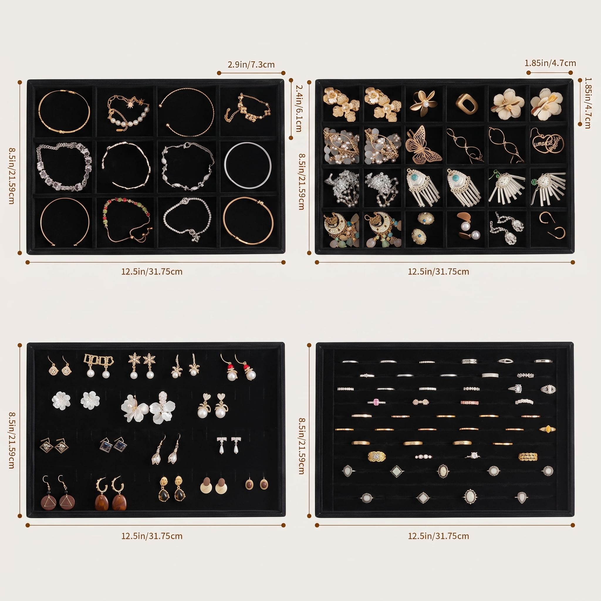 Frebeauty Stackable Velluto Gioielli Organizzatore Vassoi per Cassetti Inserti Gioielli Storage Vassoio Display Caso, Orecchini Stud Bracciali Collana Anelli Accessori Vassoi per Donne(Set di 4,Nero)