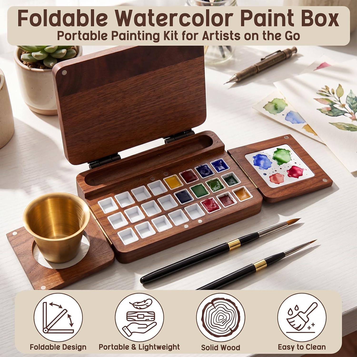 Wooden Watercolor Palette Box Foldable Watercolor Travel Set Paint Palette