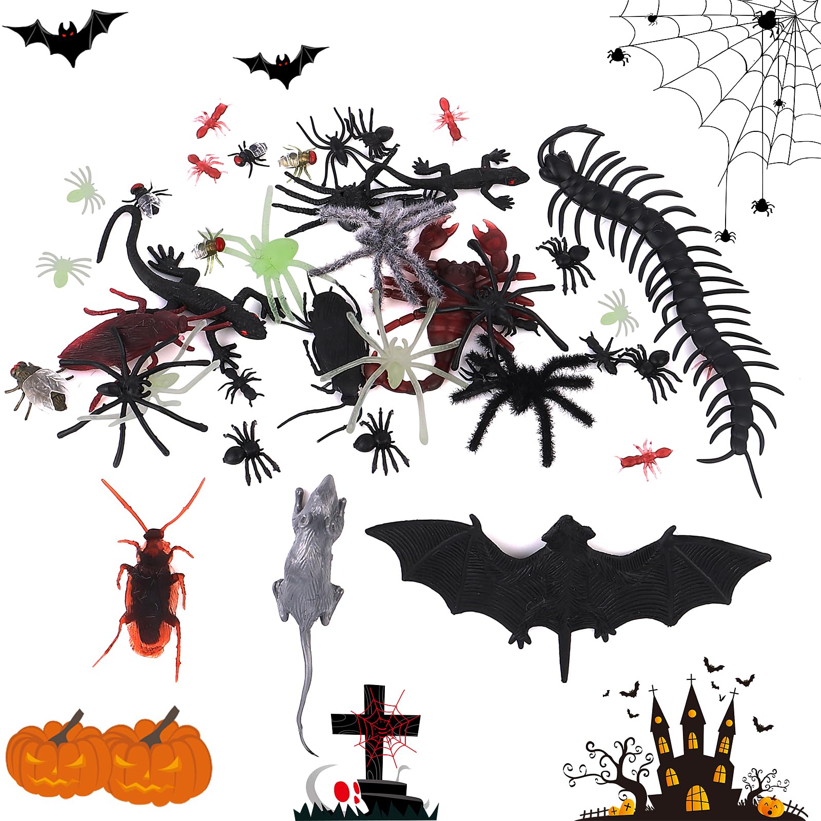 Halloween Realistic Bugs Set, 44 Pcs Gags Prank Trick Joke Toys, Fake Cockroaches, Spiders, Gecko, Scorpions, Centipede, Bat, Mice, Ant, Fly for Halloween Party Decorations