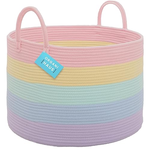 OrganiHaus Pastel Rainbow Toy Storage Basket, Colorful Woven Cotton Rope Storage Bin for Kids Room & Nursery, Baby Laundry Basket, Decorative Toy Organizer, Large Rope Bin for Blankets, 50x33cm - Wide - Rainbow Pastel