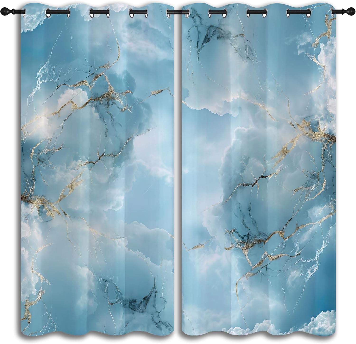 LHROOMJK Luxury Marble Blackout Curtains for Boys Girl Bedroom Decor,Jade Texture Sky Blue Clouds Abstract Thermal Insulated Grommet Drapes Darkening Window Curtain for Living Room Home 42x63 inch