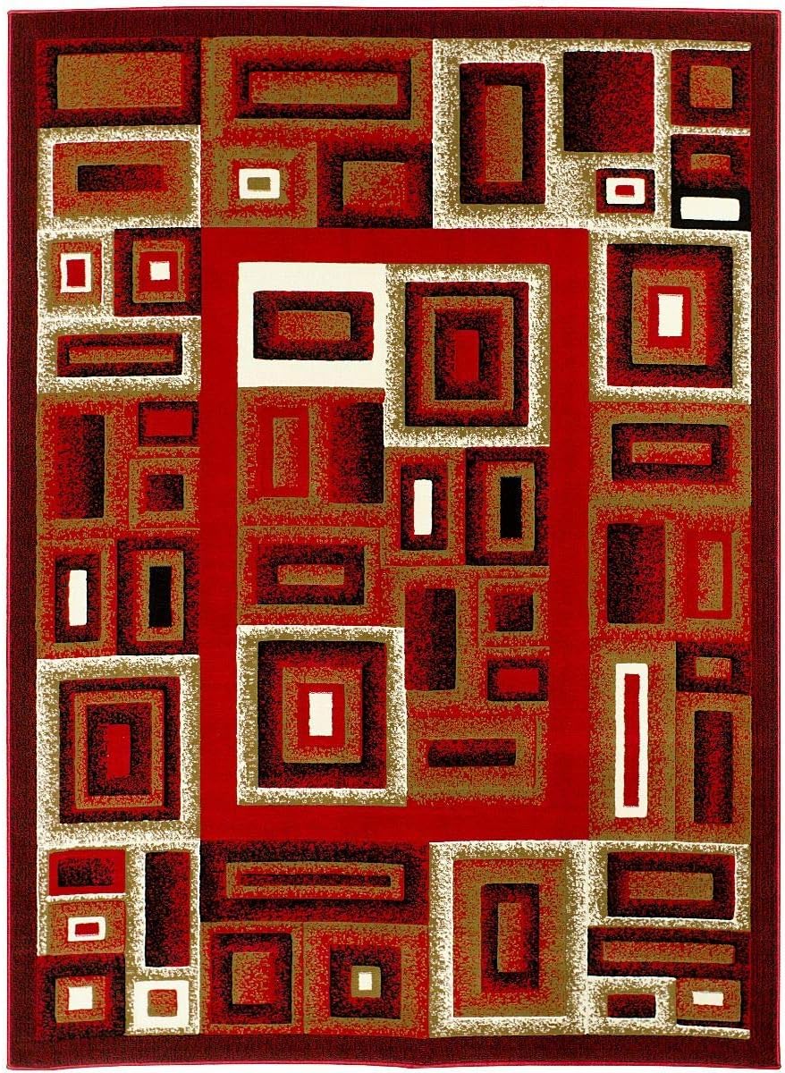 HR-Modern Contemporary Area Rugs-Abstract Carpet with Frame/Boxy/Cube Pattern-Shed Free Red/Mocha/Ivory/Black