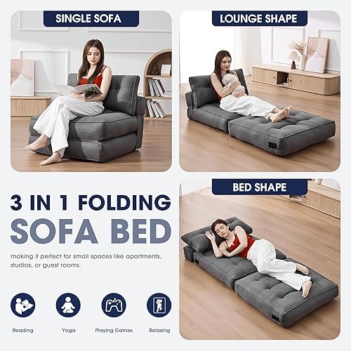 Miniatura 5 de KINGYES Sofá cama plegable, silla convertible con almohada, futón individual plegable, sofá de piso para sala de estar, color gris
