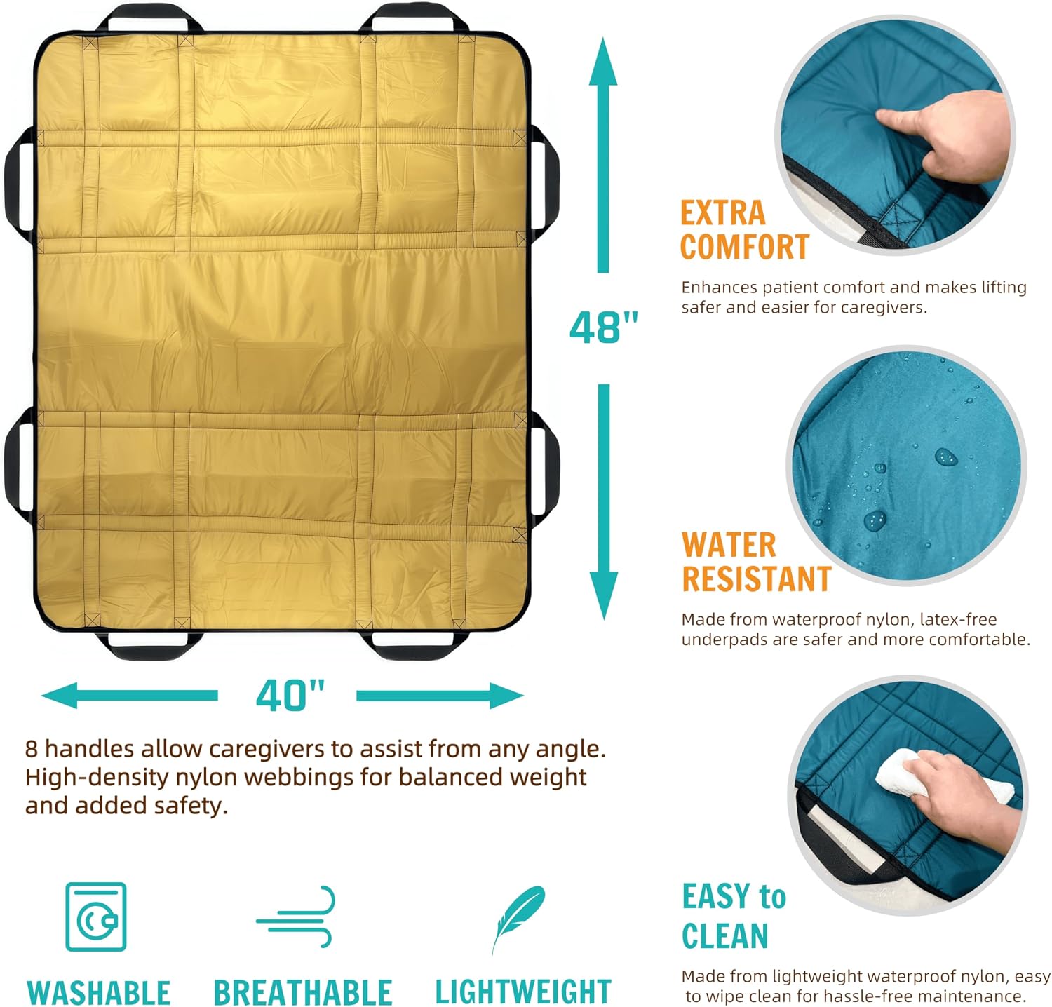 Upgraded 3-Layer Positioning Bed Pad with Handles, Transfer & Slide Sheet for Elderly Care, Waterproof Washable Draw Sheet for Turning, Lifting & Repositioning (48" x 40", Gold)