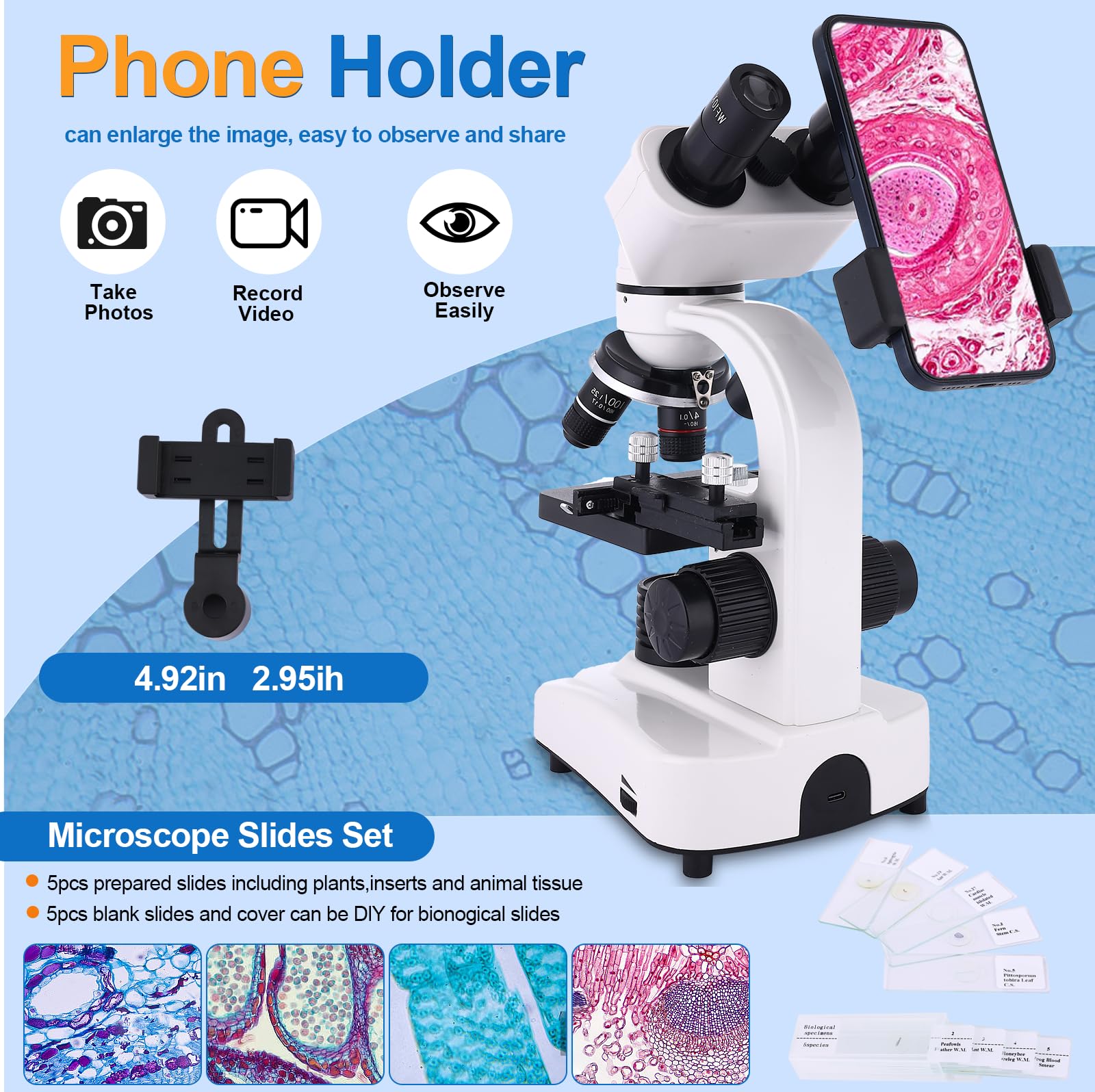 Microscopio para adultos y niños, microscopio binocular 40-2500X para laboratorio escolar y escuela en casa, con etapas mecánicas, juego de diapositivas y soporte para teléfono