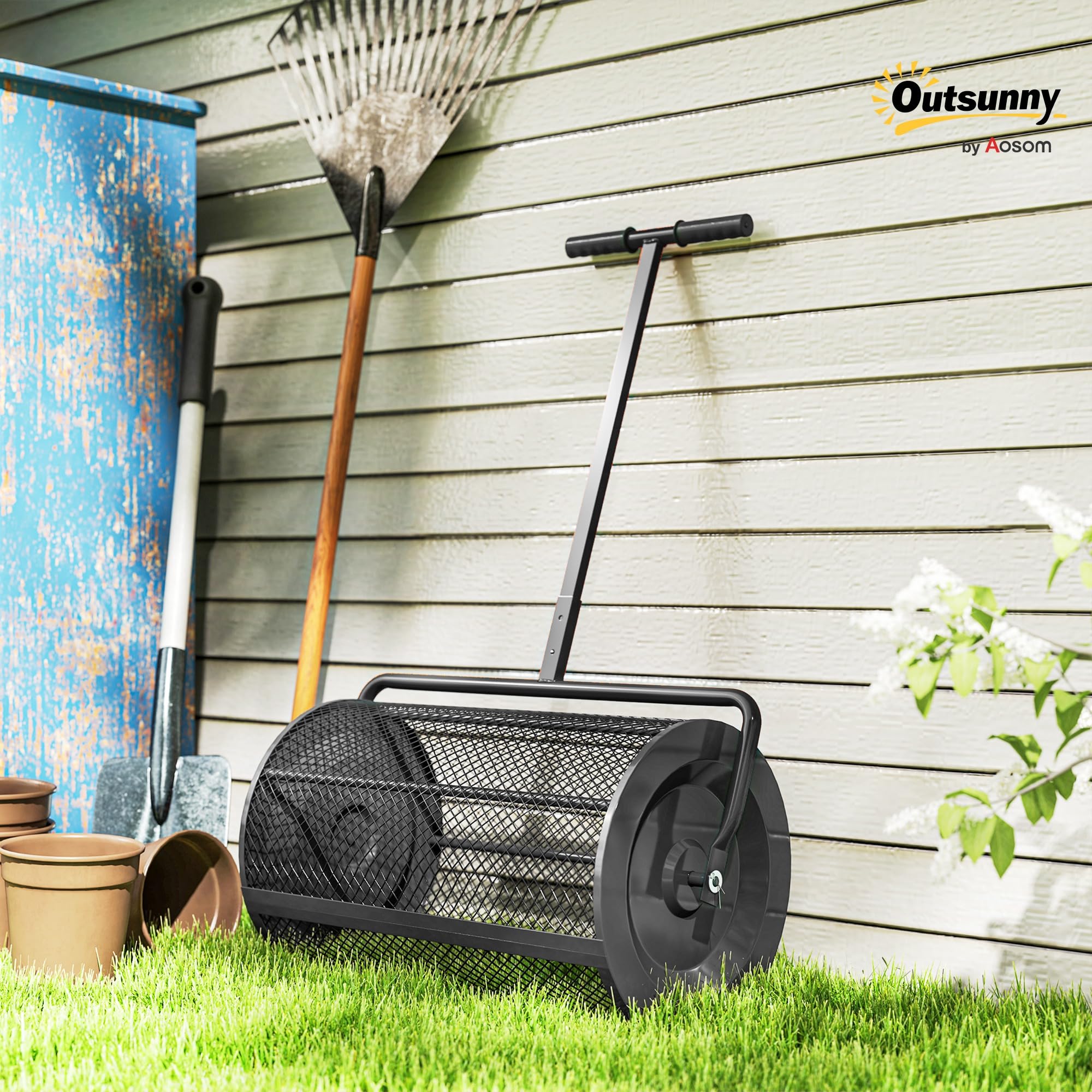 Outsunny Spandiconcime da 75L Manico a T Regolabile 70x40x112 cm Nero | Maniglia Imbottita, Rullo per Prato da Giardino in Metallo