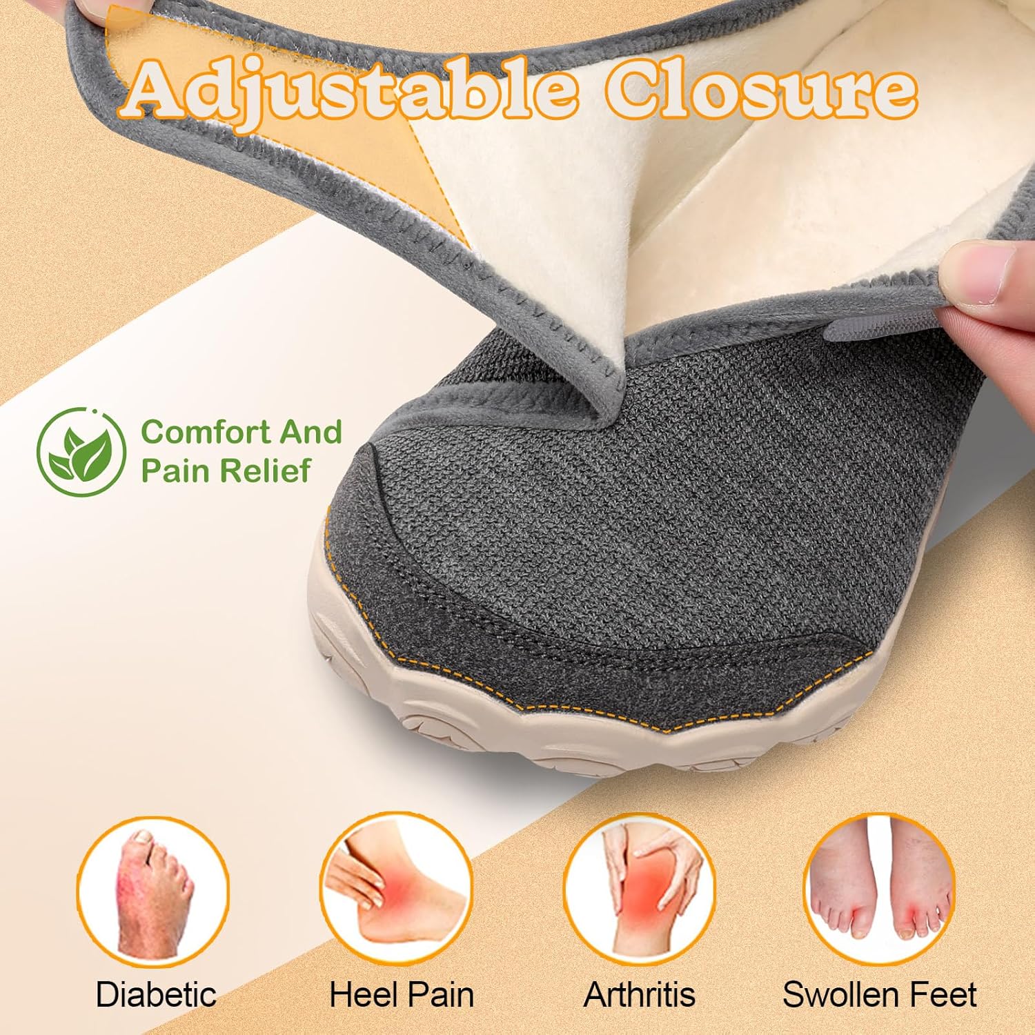 relxfeet Women's Wide Width Slippers Adjustable Diabetic Shoes Non-Slip Indoor Outdoor House Shoes for Swollen Feet Bunions - Image 4