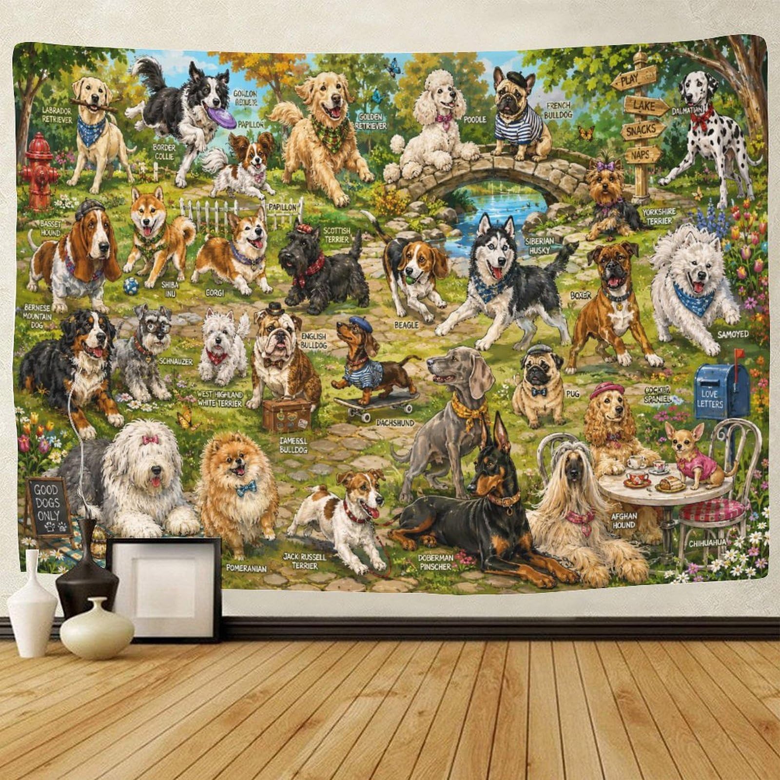 ASDFGHJKLZA Dog Breeds with Names Guide Wall Hanging Decor Tapestry for Bedroom 3D Print Tapestries Poster Curtain Living Room Dorm 180cmx230cm