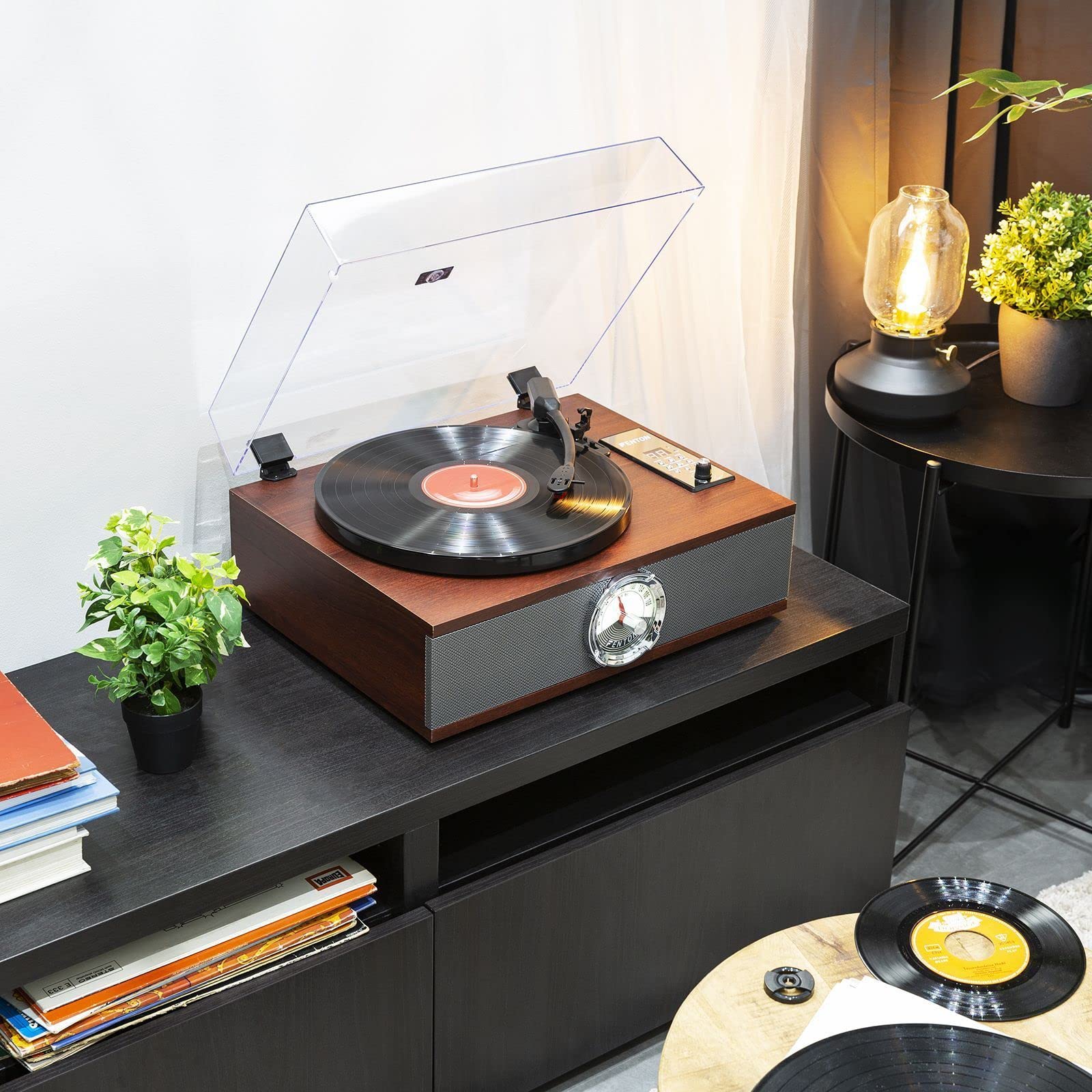 Fenton RP180 Platine Vinyle Lecteur CD Design Retro - Bois Foncé, Récepteur Bluetooth, Haut-Parleurs Intégrés, 33, 45 et 78 Tours, Sortie RCA, Radio FM, Contrepoids Réglable, Fonction Arrêt Auto