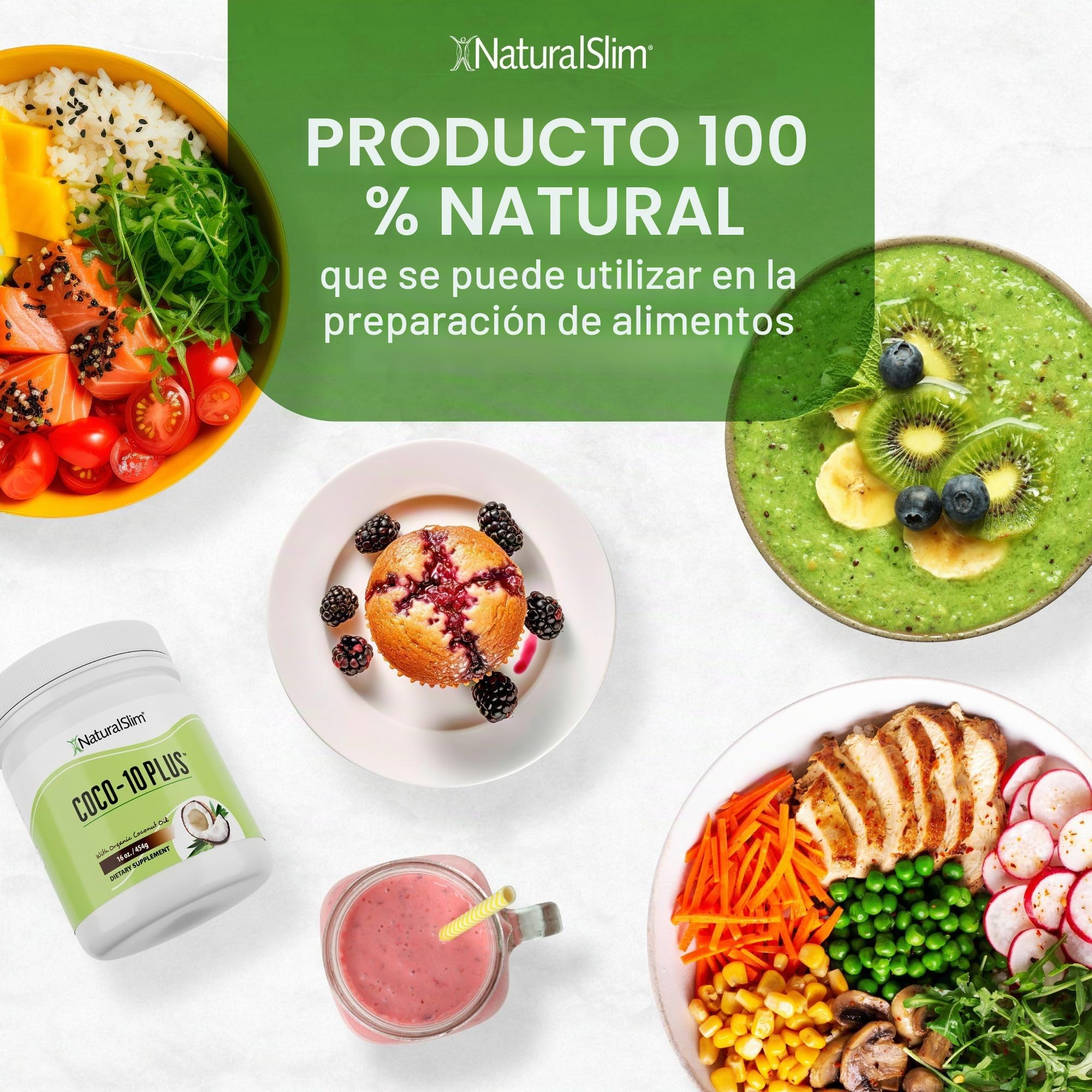 NaturalSlim Coco 10 Plus con CoQ10, Aceite de Coco Orgánico con MCT para hornear, mezclar o consumir directamente, Mejora la energía, el metabolismo y apoya el sistema inmunológico, 454g (Coco 10)