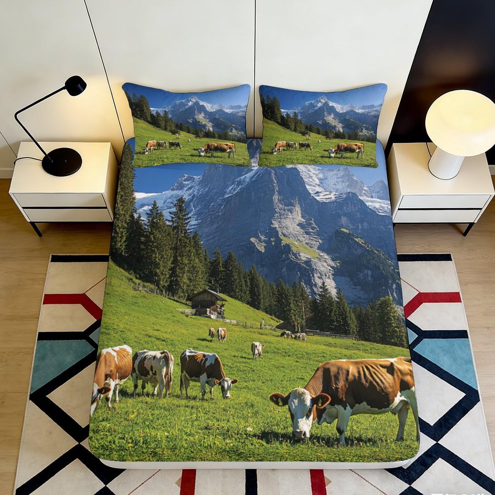 3D Printed Alpine Meadow Fitted Sheet Microfiber Cows Mountain Mattress Cover for Bedroom Guest Room Easy Care Decor 90x200x25cm