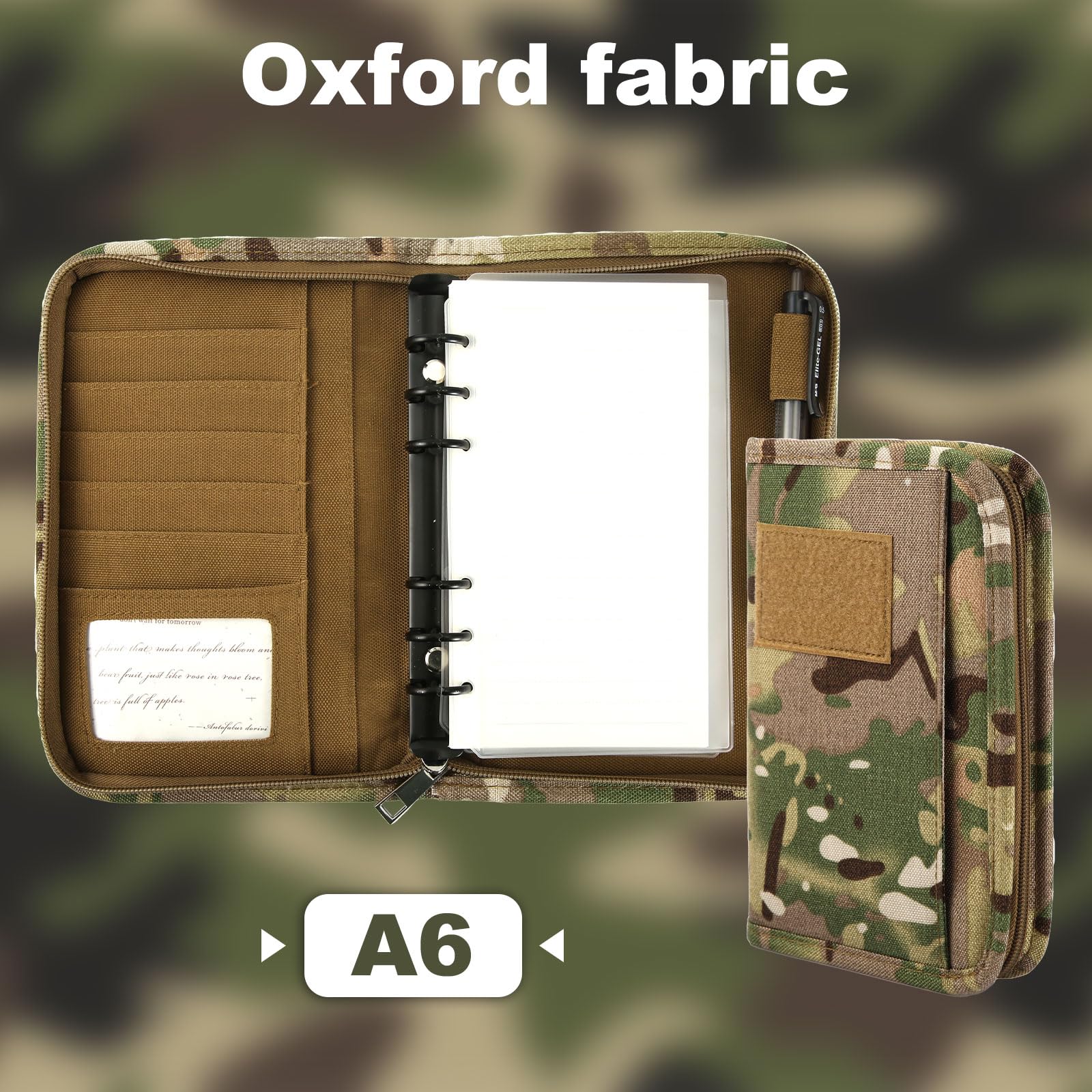 Military Army Camouflage Notebook Portfolio Organizer - Zippered Detachable A6 6 Ring Binder for Men Women Business Cards - Image 3