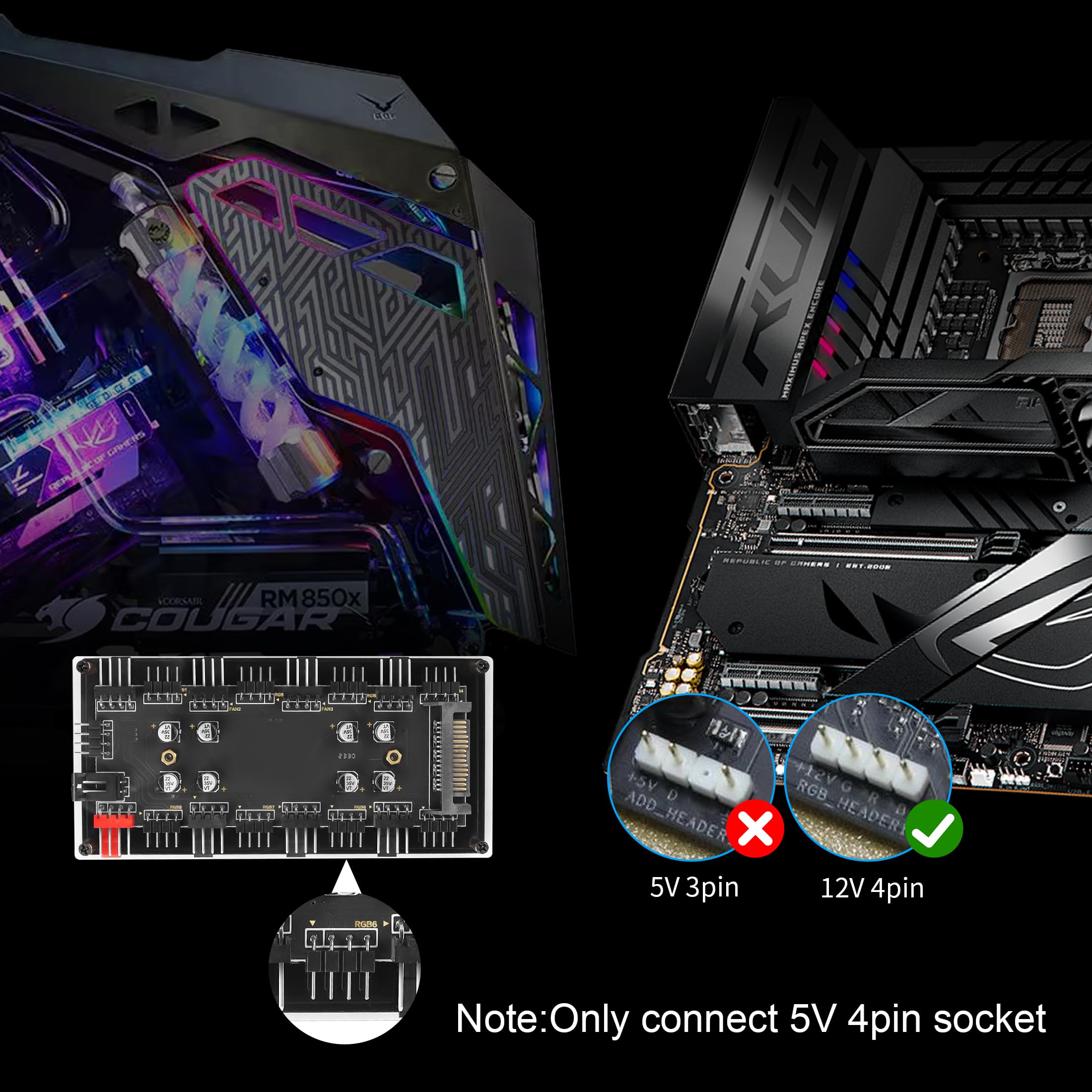 Amazon.co.jp: YACSEJAO ケースファンハブ 12V 4ピン RGB + PWM 2イン1