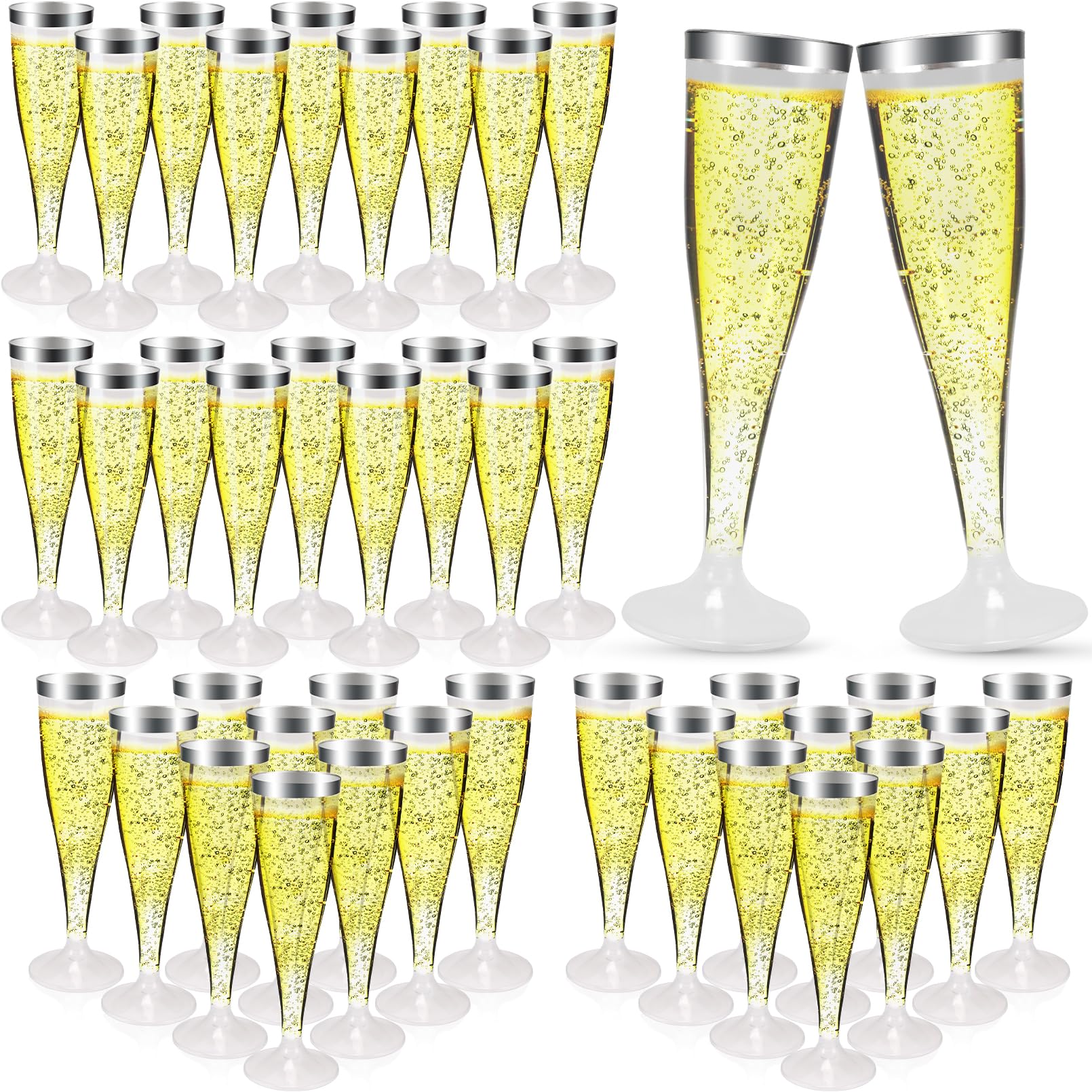 Paquete de 100 copas de champán de plástico, copas de champán de plástico con borde plateado de 4.5 onzas, flautas de champán desechables transparentes, copas de brindis desechables para