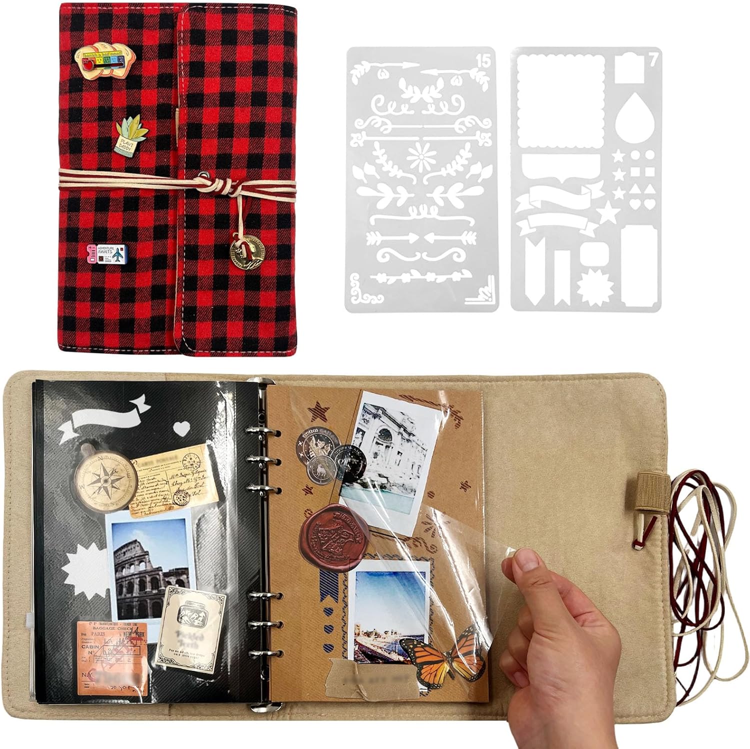 Daily Treasures 104Pages Self-Adhesive Scrapbook Photo Album,64 Black & Kraft Self Adhesive Pages & 40 Memo Paper & Zip Bag, Album Sticky Pages for 6 Ring Binder with 25 Stickers, 2 Drawing Templates