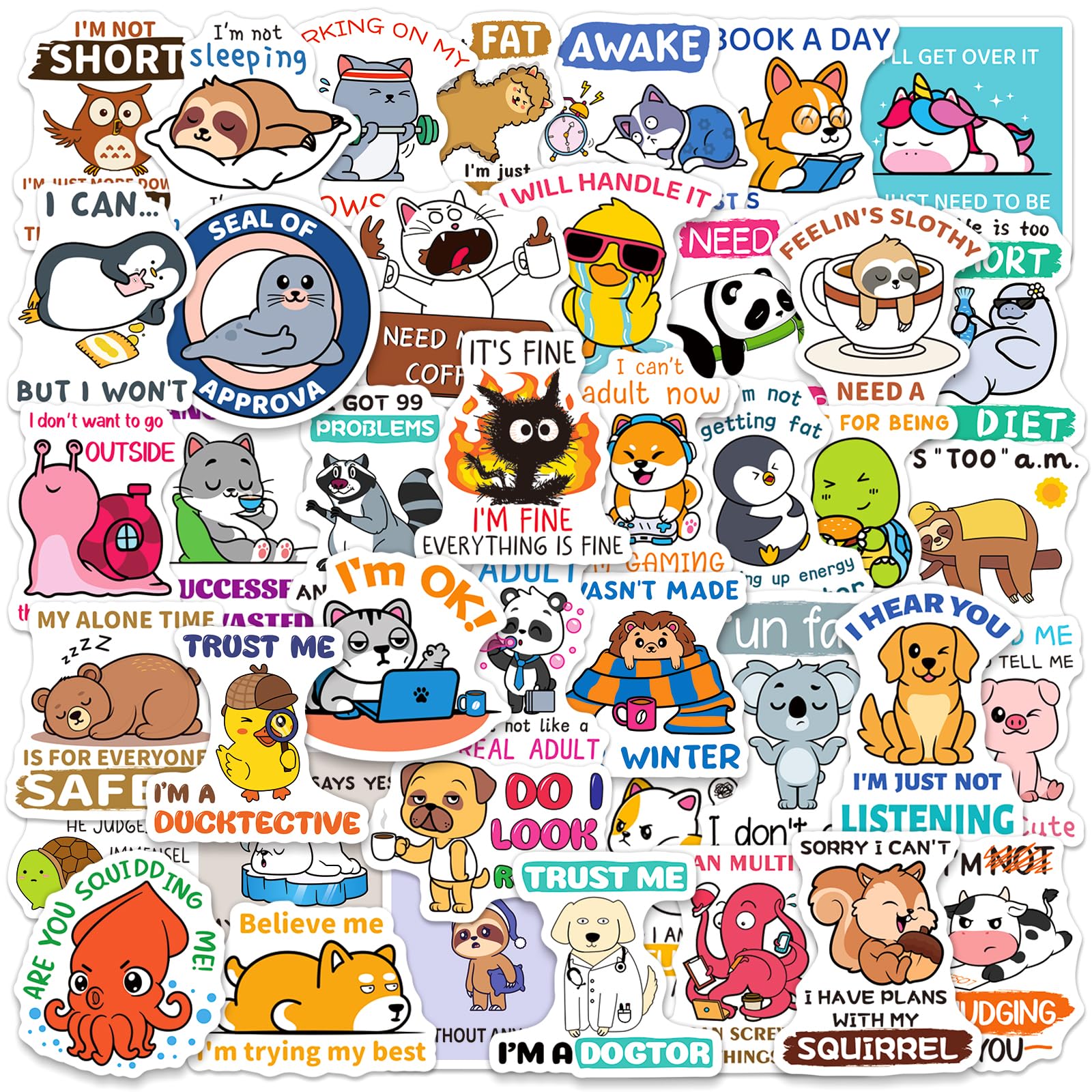 CKXTYNG Funny Animal Quote Stickers for Kids and Adults, 200 Pcs Cute Humor Animal Phrase Stickers for Water Bottles Laptops Scrapbooks Journals,